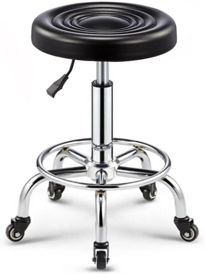 Round Rolling Stool with Footrest, Adjustable Swivel Chair, PU Leather Seat, Chrome Base - Red(Black)