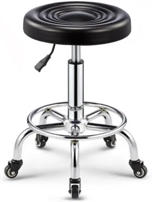 Round Rolling Stool with Footrest, Adjustable Swivel Chair, PU Leather Seat, Chrome Base - Red(Black)