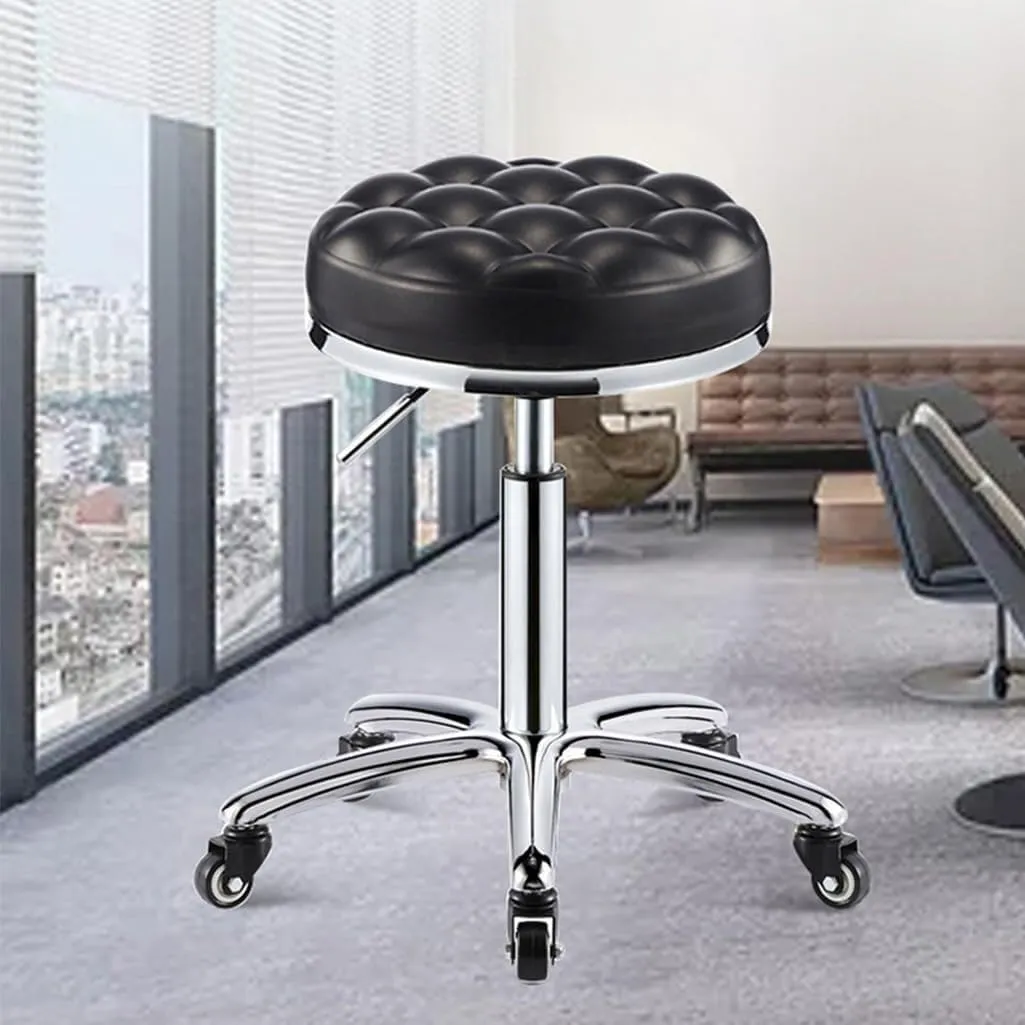 Round Rolling Stool with Footrest, Adjustable Swivel Chair, PU Leather Seat, Chrome Base - Red(Black)