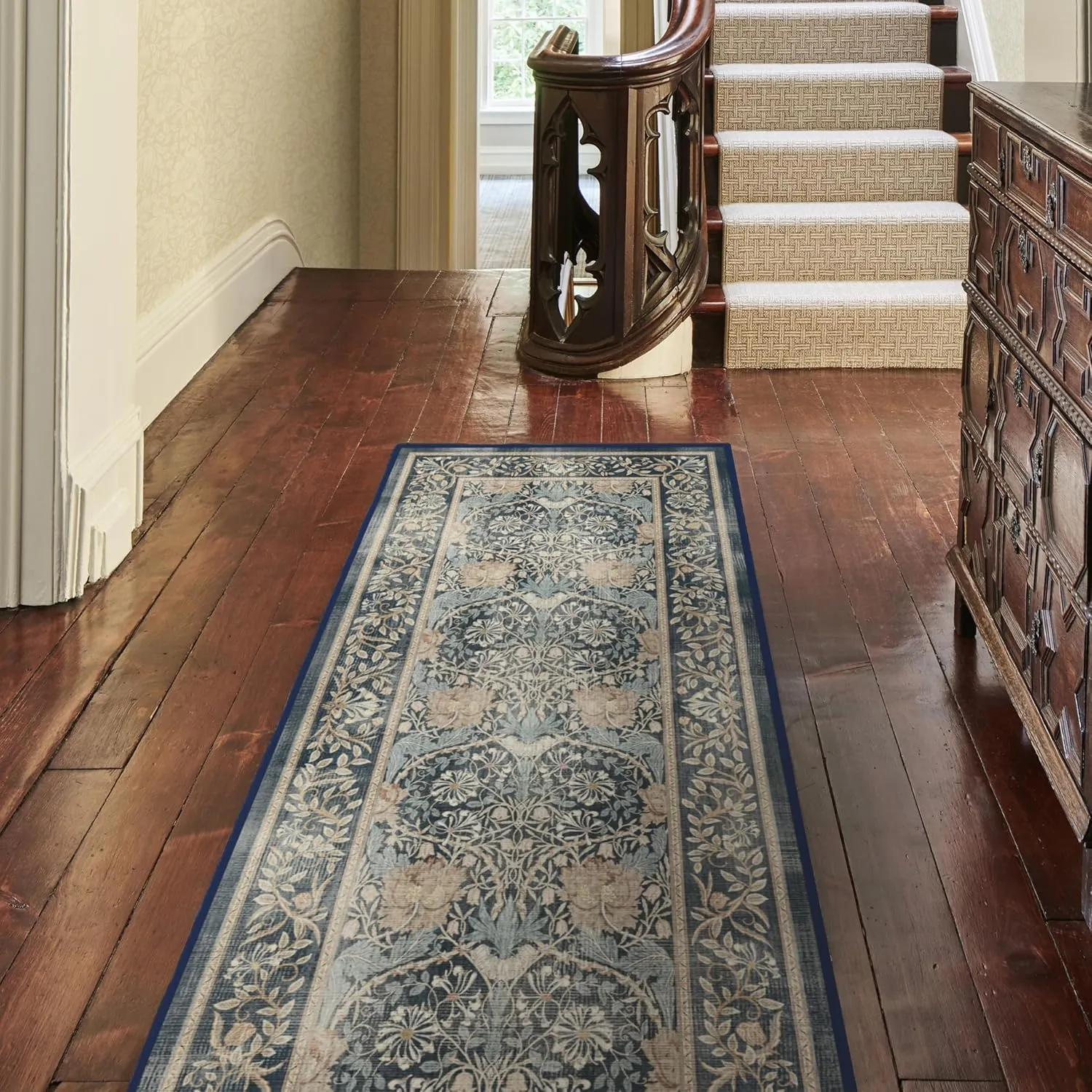 Ruggable x Morris & Co Washable 2x10 Runner Rug, Honeysuckle & Tulip Blue, Premium Rugs for Hallway, Kitchen, Entryway, Living Room, Bedroom, Office with Gripper Non Slip Pad