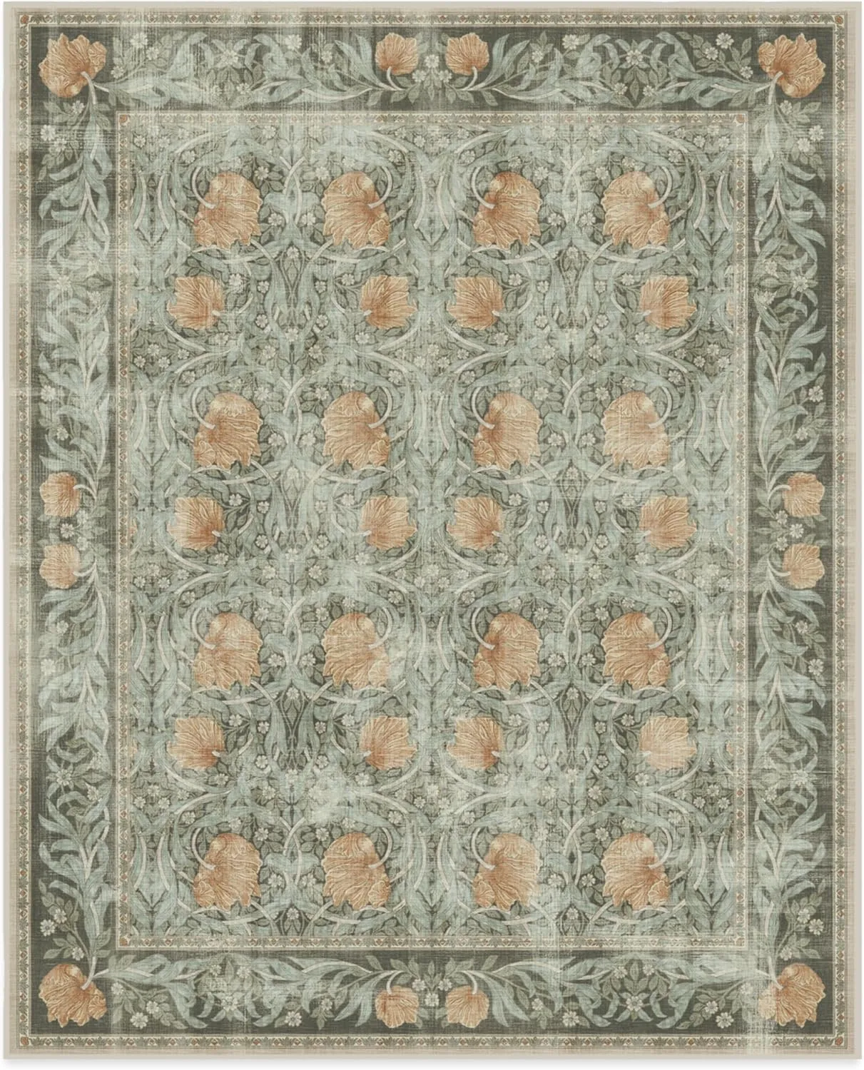 Ruggable x Morris & Co Washable 8x10 Large Area Rug, Pimpernel Vintage Green, Premium Rugs for Living Room, Bedroom, Kitchen, Office, Classroom with Gripper Non Slip Pad