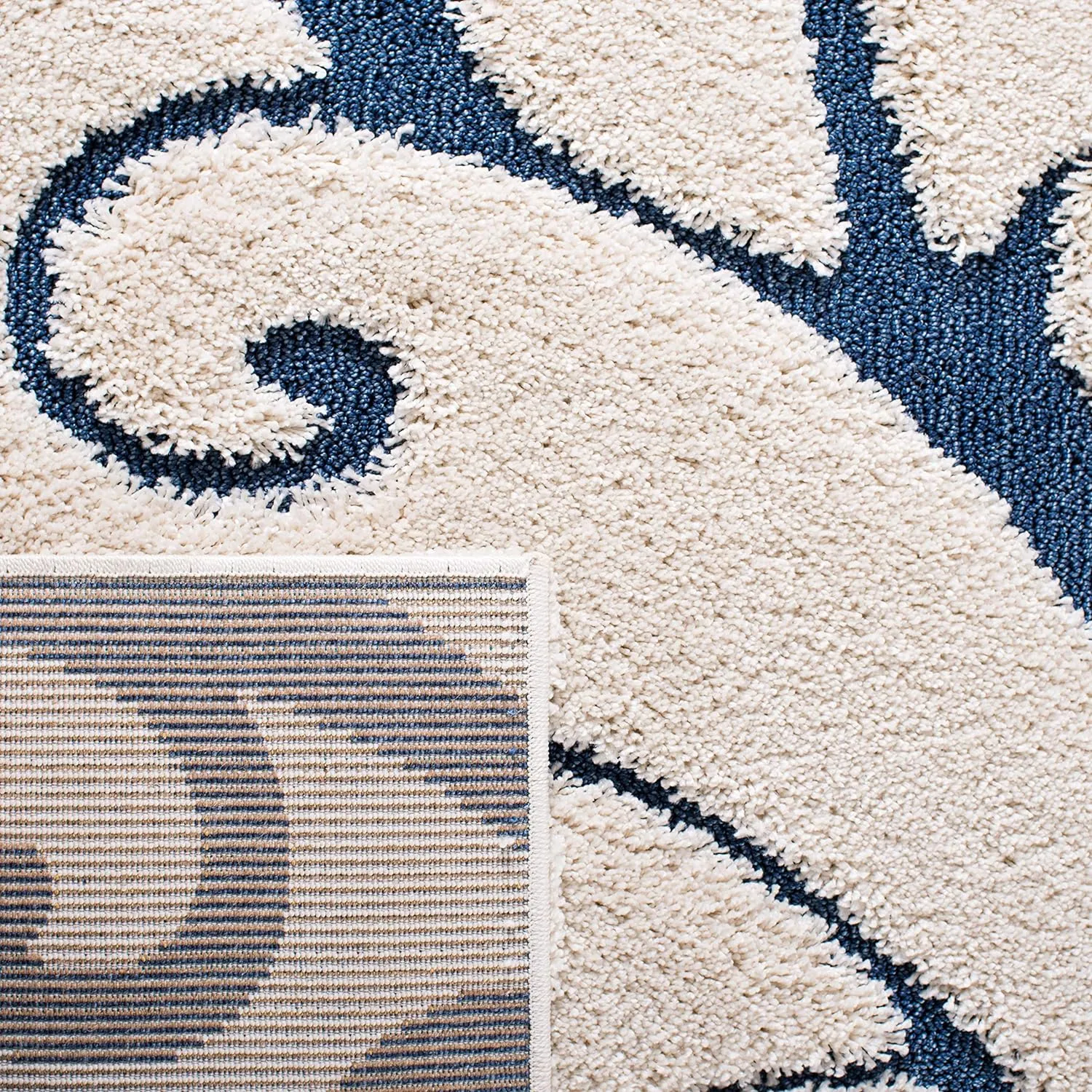SAFAVIEH Florida Shag Collection Area Rug - 8' x 10', Cream & Blue, Scroll Design, Non-Shedding & Easy Care, 1.2-inch Thick Ideal for High Traffic Areas in Living Room, Bedroom (SG455-1165)