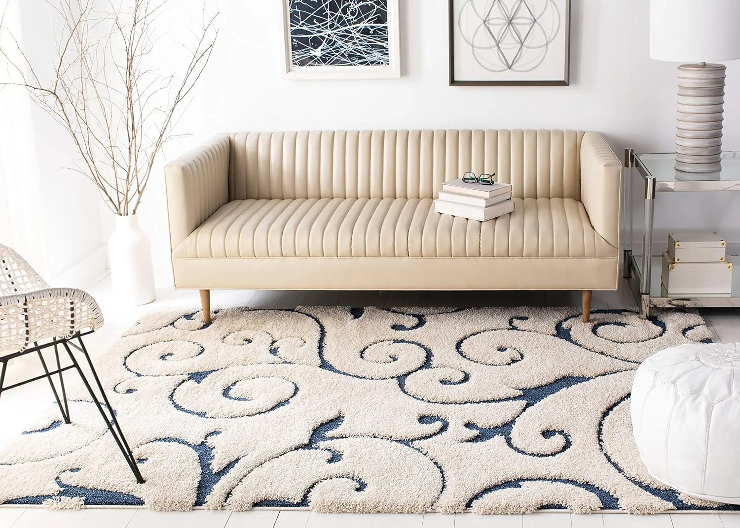 SAFAVIEH Florida Shag Collection Area Rug - 8' x 10', Cream & Blue, Scroll Design, Non-Shedding & Easy Care, 1.2-inch Thick Ideal for High Traffic Areas in Living Room, Bedroom (SG455-1165)