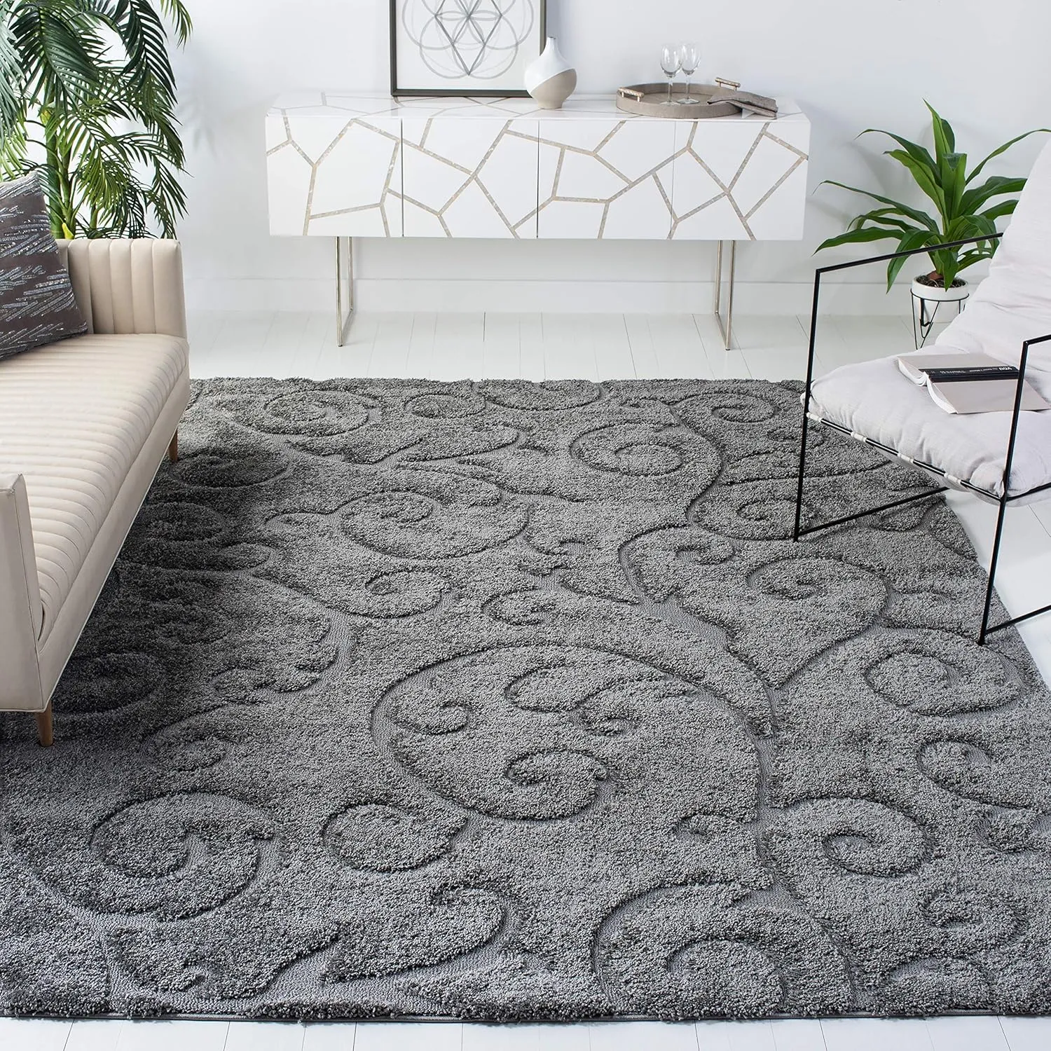 SAFAVIEH Florida Shag Collection Area Rug - 8' x 10', Grey, Scroll Design, Non-Shedding & Easy Care, 1.2-inch Thick Ideal for High Traffic Areas in Living Room, Bedroom (SG455-8013)