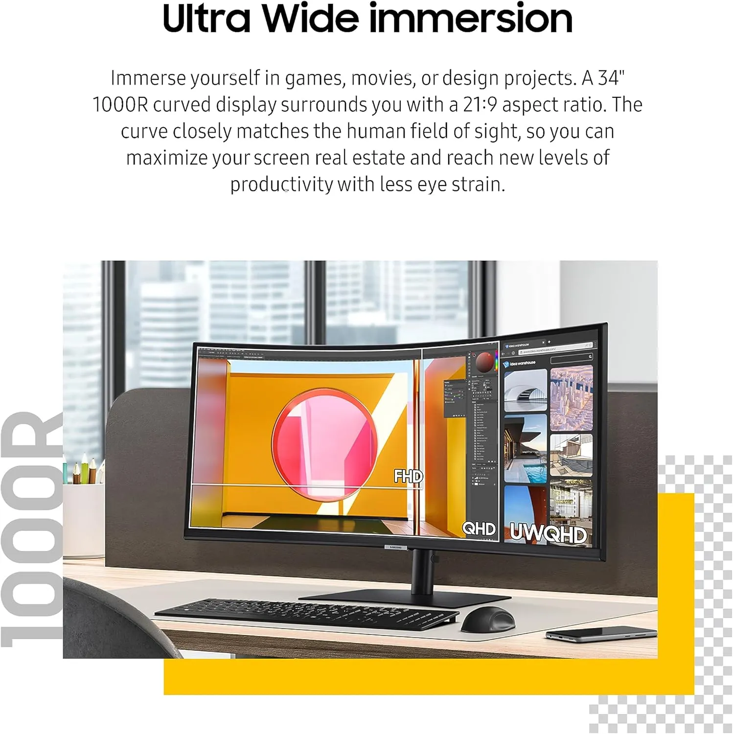 SAMSUNG 34” ViewFinity S65UA Series Ultrawide QHD Curved Monitor, HDR10, 100Hz, 350 nit, USB- C, Adjustable Stand, Intelligent Eye Care, LS34C650UANXGO, Black