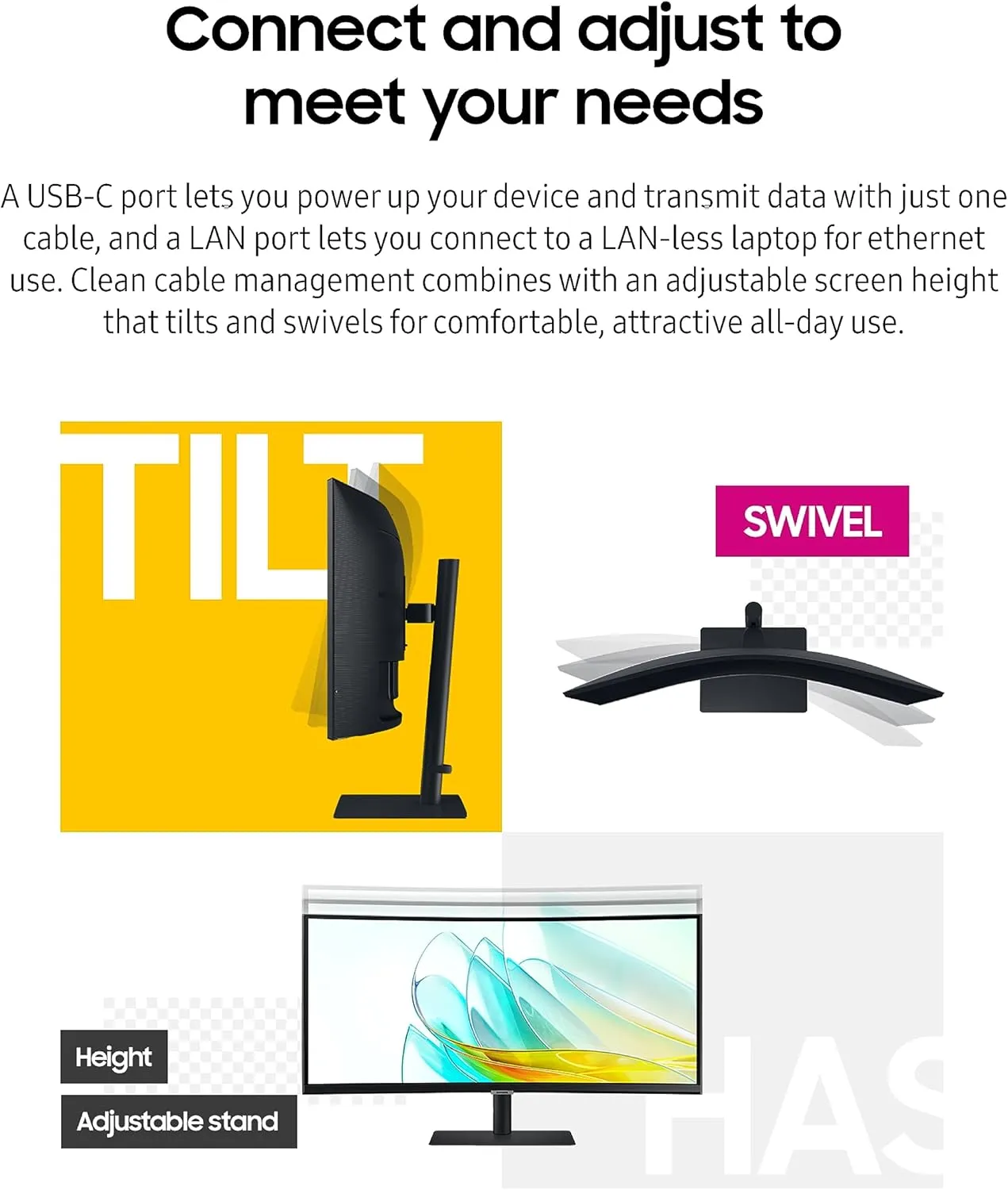 SAMSUNG 34” ViewFinity S65UA Series Ultrawide QHD Curved Monitor, HDR10, 100Hz, 350 nit, USB- C, Adjustable Stand, Intelligent Eye Care, LS34C650UANXGO, Black
