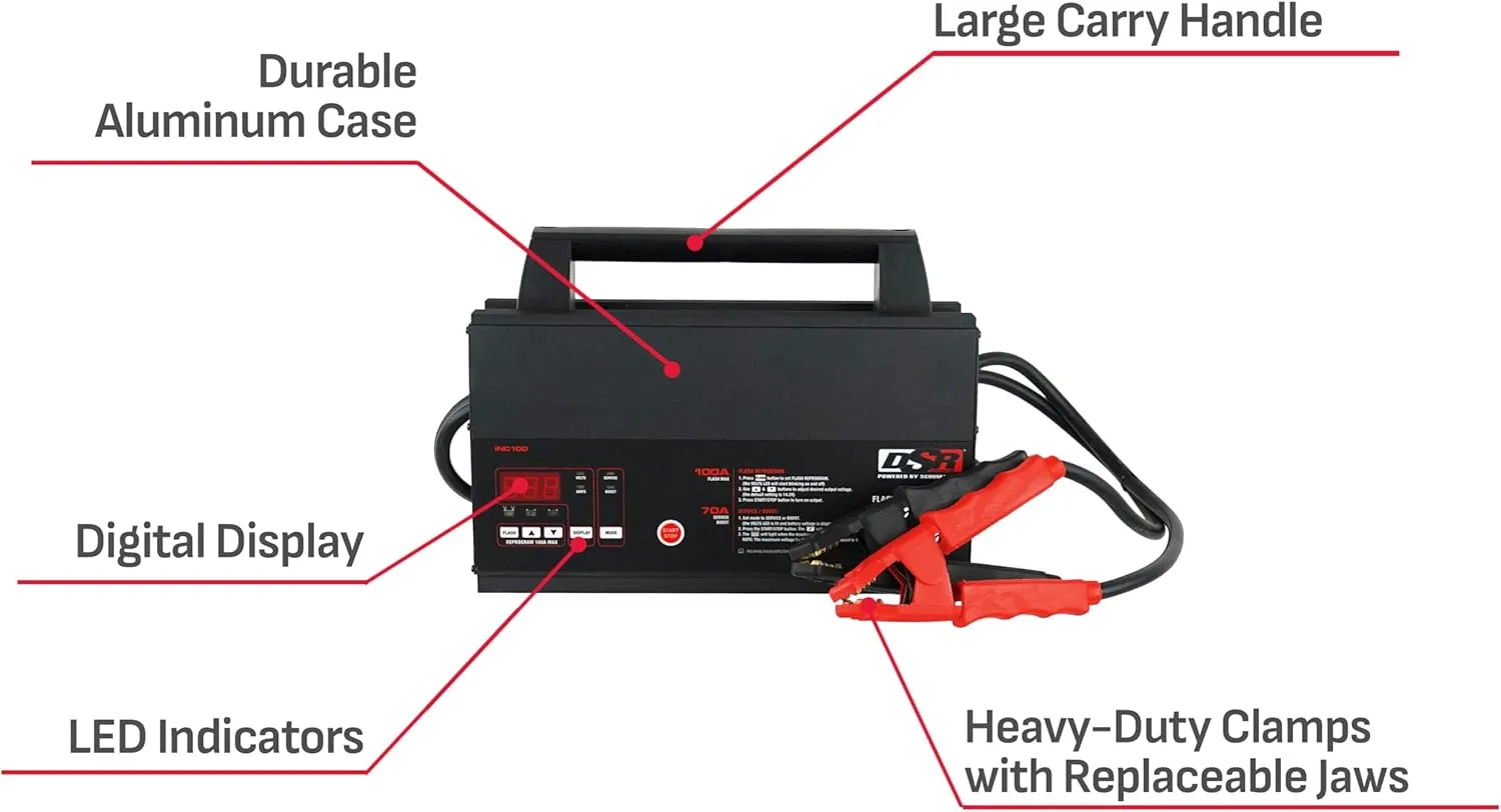 Schumacher Electric DSR ProSeries INC100 Fully Automatic Battery Charger and Flash Reprogramming Power Supply with Service Mode, 100 Amps, 12 Volts, Black, 1 Unit