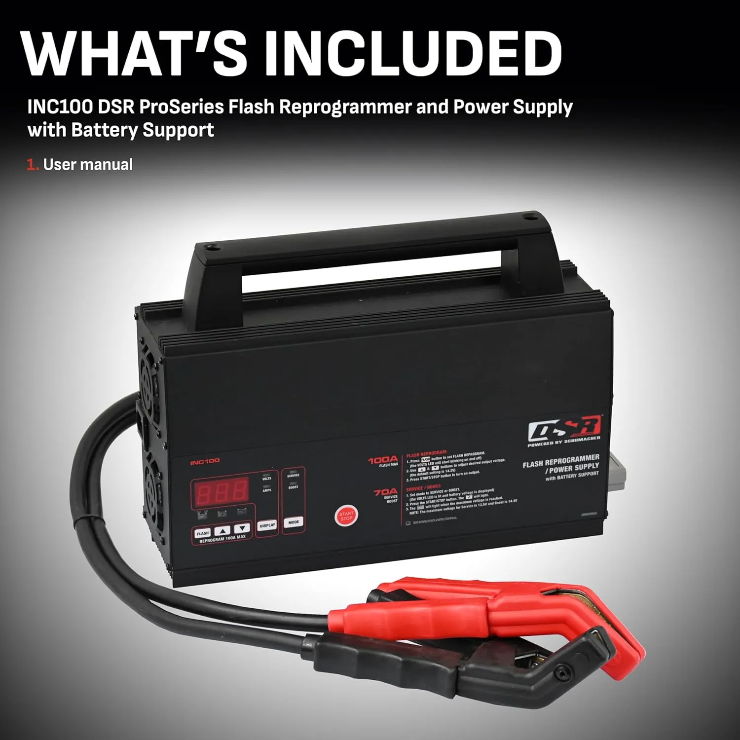 Schumacher Electric DSR ProSeries INC100 Fully Automatic Battery Charger and Flash Reprogramming Power Supply with Service Mode, 100 Amps, 12 Volts, Black, 1 Unit