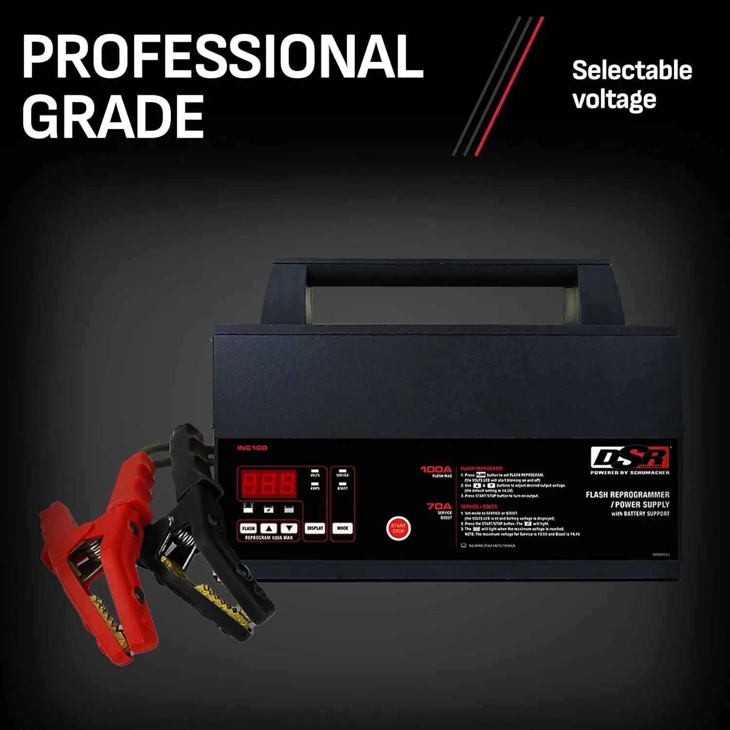 Schumacher Electric DSR ProSeries INC100 Fully Automatic Battery Charger and Flash Reprogramming Power Supply with Service Mode, 100 Amps, 12 Volts, Black, 1 Unit