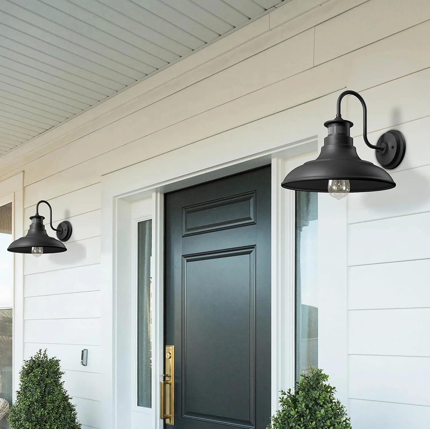 Set of 2 Gooseneck Outdoor Wall Lights Fixtures,Dusk to Dawn Motion Sensor Farmhouse Wall Sconce Barn Lamp for Patio,Adjustable Exterior Porch Light Wall Mount Lighting Black with Rotary Dial Control