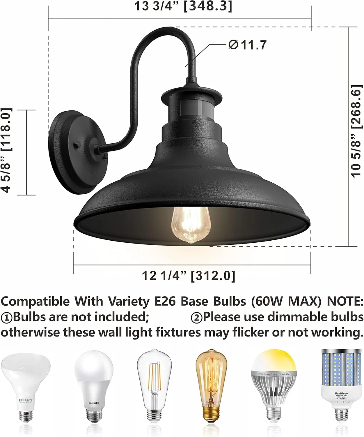 Set of 2 Gooseneck Outdoor Wall Lights Fixtures,Dusk to Dawn Motion Sensor Farmhouse Wall Sconce Barn Lamp for Patio,Adjustable Exterior Porch Light Wall Mount Lighting Black with Rotary Dial Control