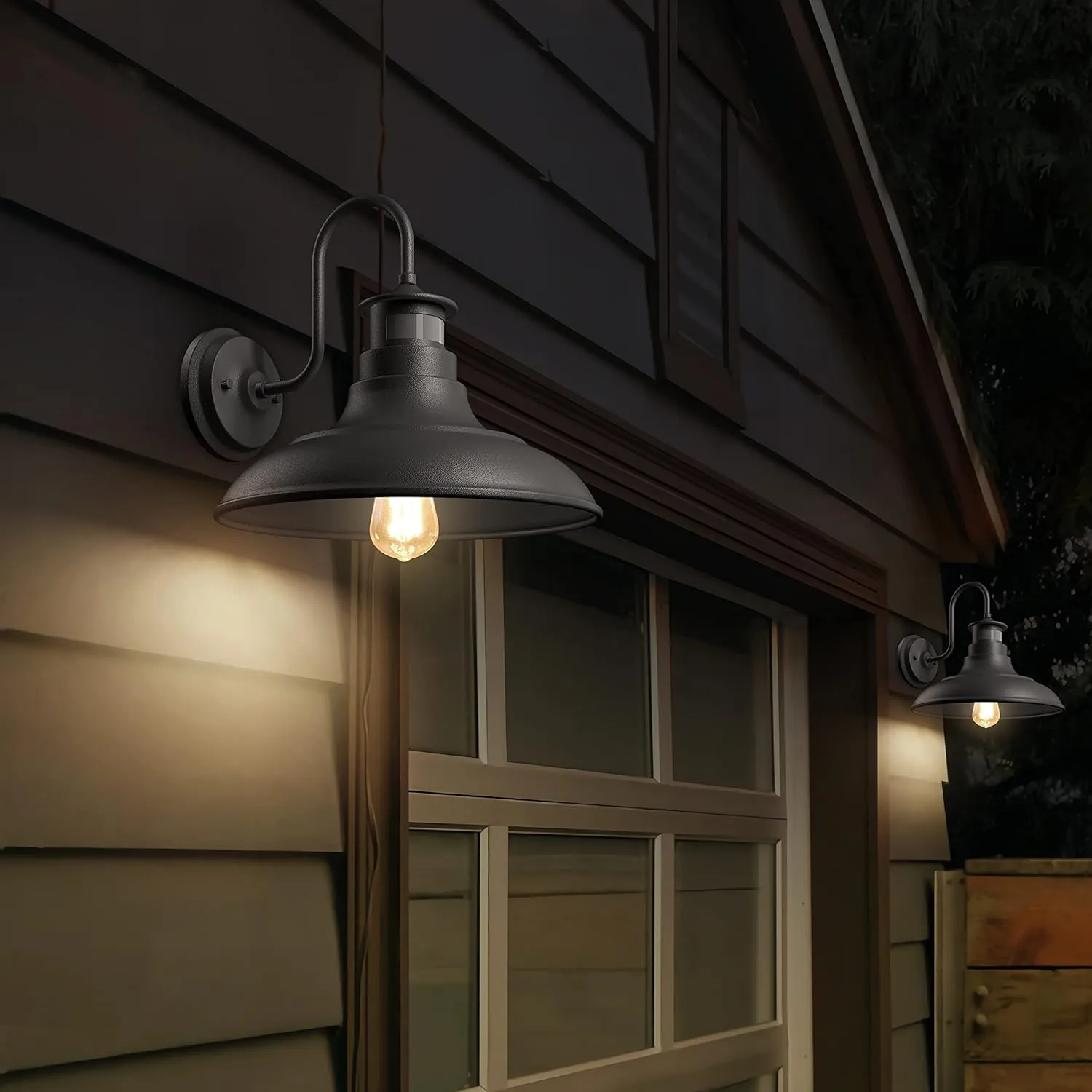 Set of 2 Gooseneck Outdoor Wall Lights Fixtures,Dusk to Dawn Motion Sensor Farmhouse Wall Sconce Barn Lamp for Patio,Adjustable Exterior Porch Light Wall Mount Lighting Black with Rotary Dial Control
