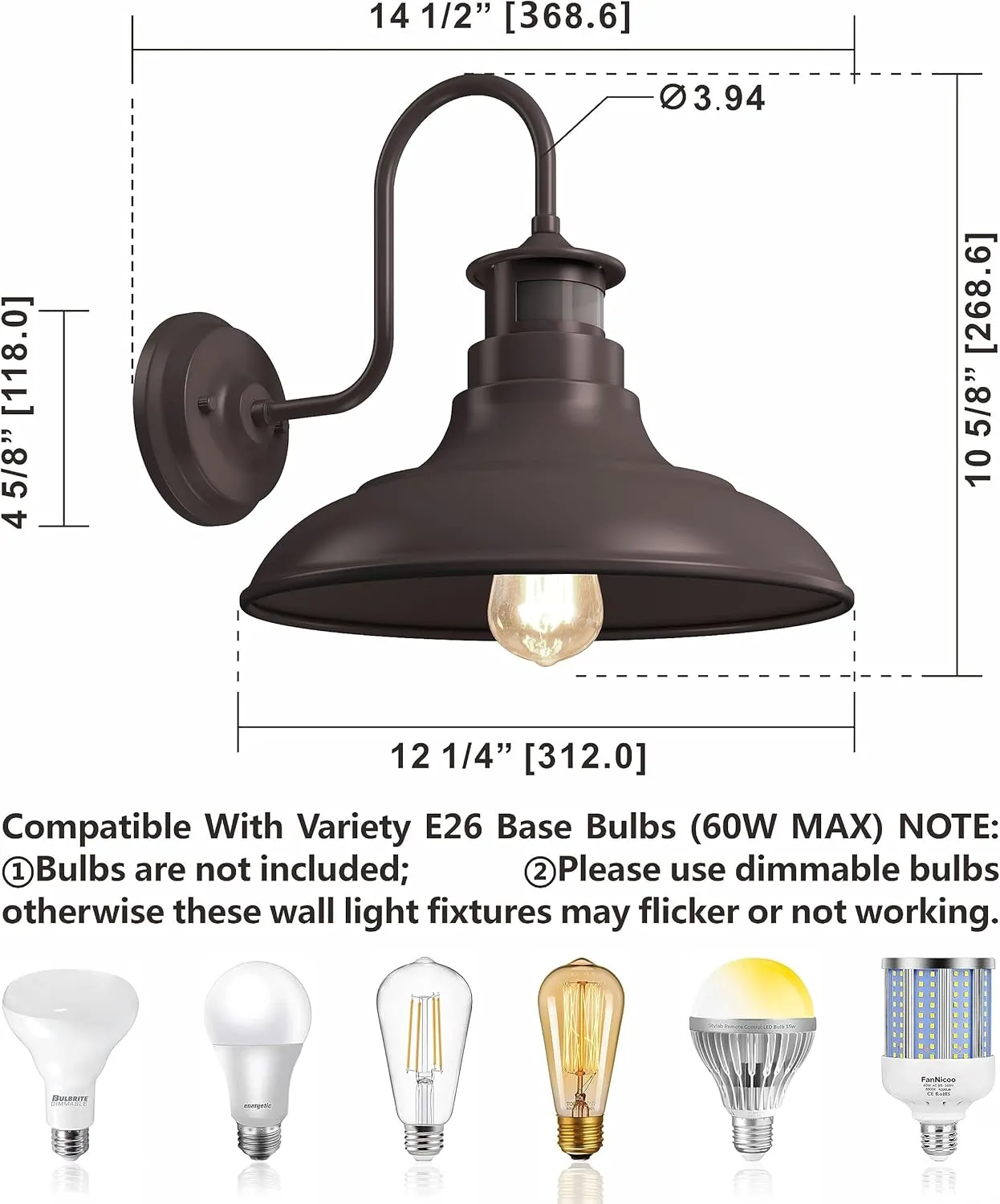 Set of 2 Gooseneck Outdoor Wall Lights Fixtures,Dusk to Dawn Motion Sensor Farmhouse Wall Sconce Barn Lamp for Patio,Adjustable Exterior Porch Light Wall Mount Lighting Brown with Rotary Dial Control