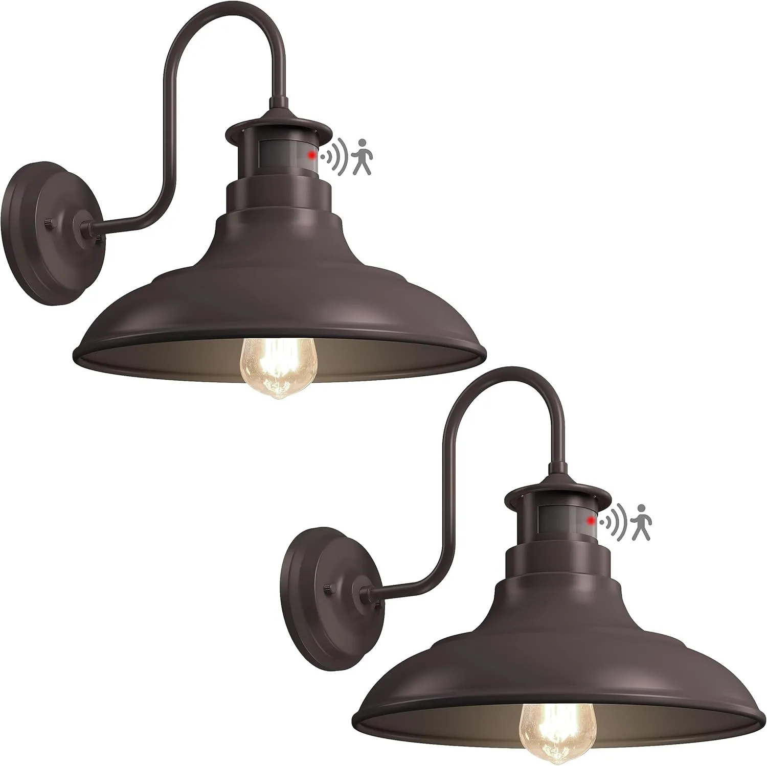 Set of 2 Gooseneck Outdoor Wall Lights Fixtures,Dusk to Dawn Motion Sensor Farmhouse Wall Sconce Barn Lamp for Patio,Adjustable Exterior Porch Light Wall Mount Lighting Brown with Rotary Dial Control