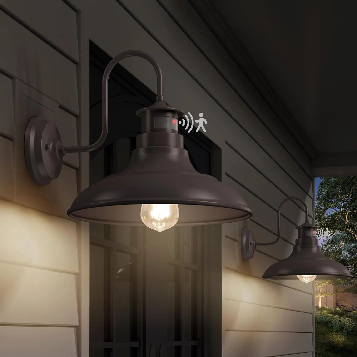 Set of 2 Gooseneck Outdoor Wall Lights Fixtures,Dusk to Dawn Motion Sensor Farmhouse Wall Sconce Barn Lamp for Patio,Adjustable Exterior Porch Light Wall Mount Lighting Brown with Rotary Dial Control