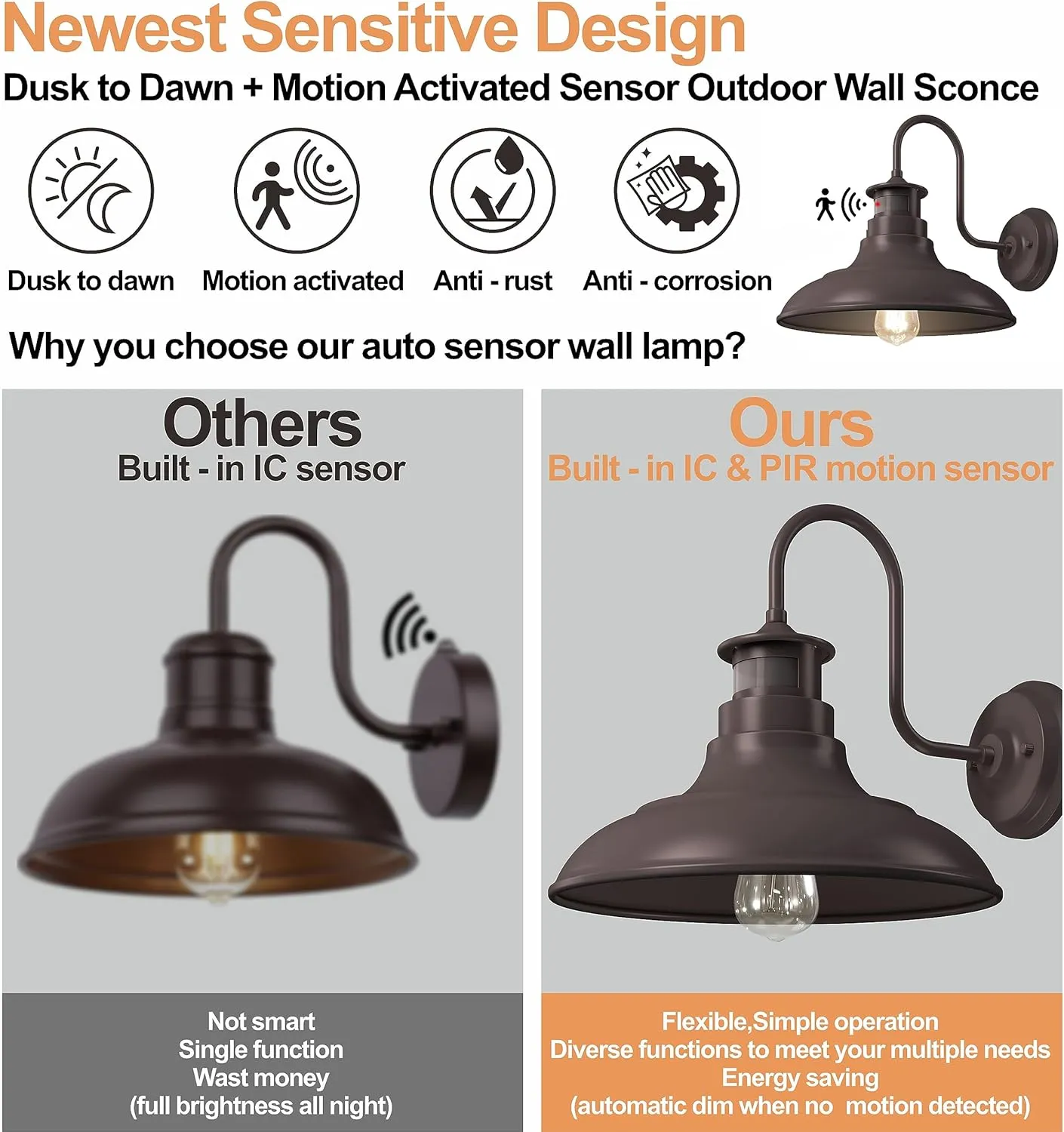 Set of 2 Gooseneck Outdoor Wall Lights Fixtures,Dusk to Dawn Motion Sensor Farmhouse Wall Sconce Barn Lamp for Patio,Adjustable Exterior Porch Light Wall Mount Lighting Brown with Rotary Dial Control