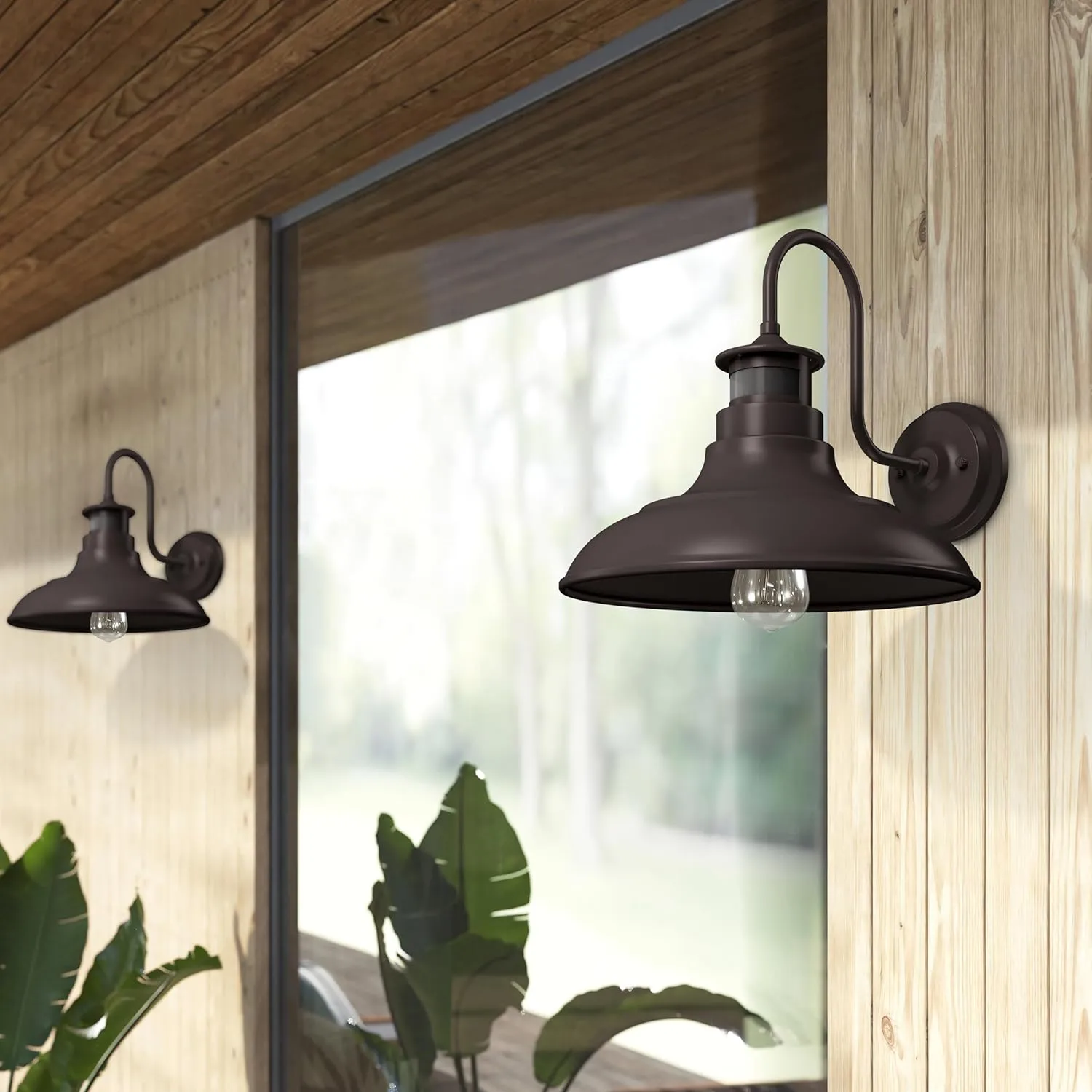 Set of 2 Gooseneck Outdoor Wall Lights Fixtures,Dusk to Dawn Motion Sensor Farmhouse Wall Sconce Barn Lamp for Patio,Adjustable Exterior Porch Light Wall Mount Lighting Brown with Rotary Dial Control
