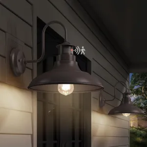 Set of 2 Gooseneck Outdoor Wall Lights Fixtures,Dusk to Dawn Motion Sensor Farmhouse Wall Sconce Barn Lamp for Patio,Adjustable Exterior Porch Light Wall Mount Lighting Brown with Rotary Dial Control