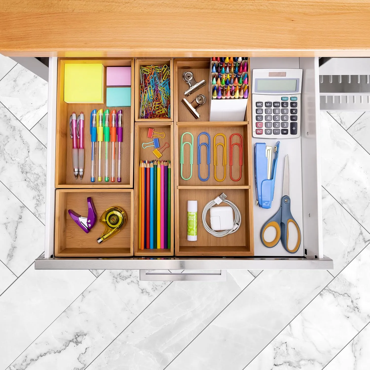 Seville Classics Bamboo Premium Organizer Storage Bins for Kitchen Silverware, Pantry, Closet, Office Desk, Pens, Utensils, Makeup, K Cup, Bamboo, Bin Set w/Dividers (5 Piece)