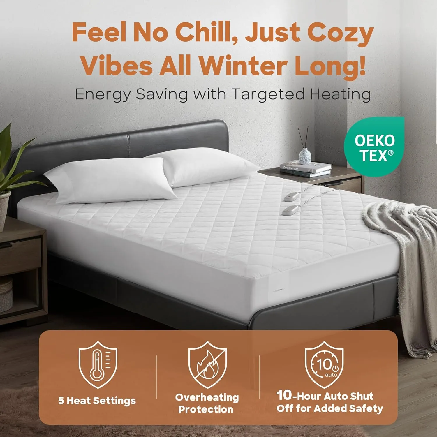 Sharper Image Heated Mattress Pad Queen Size Electric Mattress Pad 10 Lv. Heating, 5 hr Auto Shut Off, Heated Topper Bed Warmer, Deep Pocket Fits 18" Mattress, ETL-Cert, Machine Washable, Queen