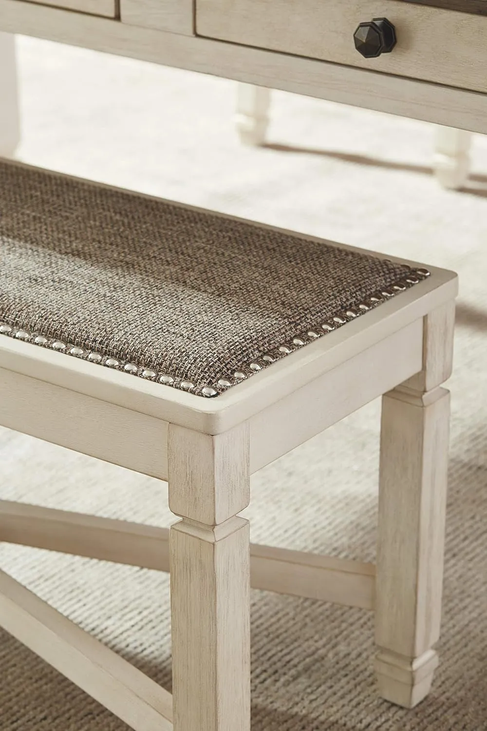 Signature Design by Ashley Bolanburg French Country Upholstered Dining Room Bench, Antique White