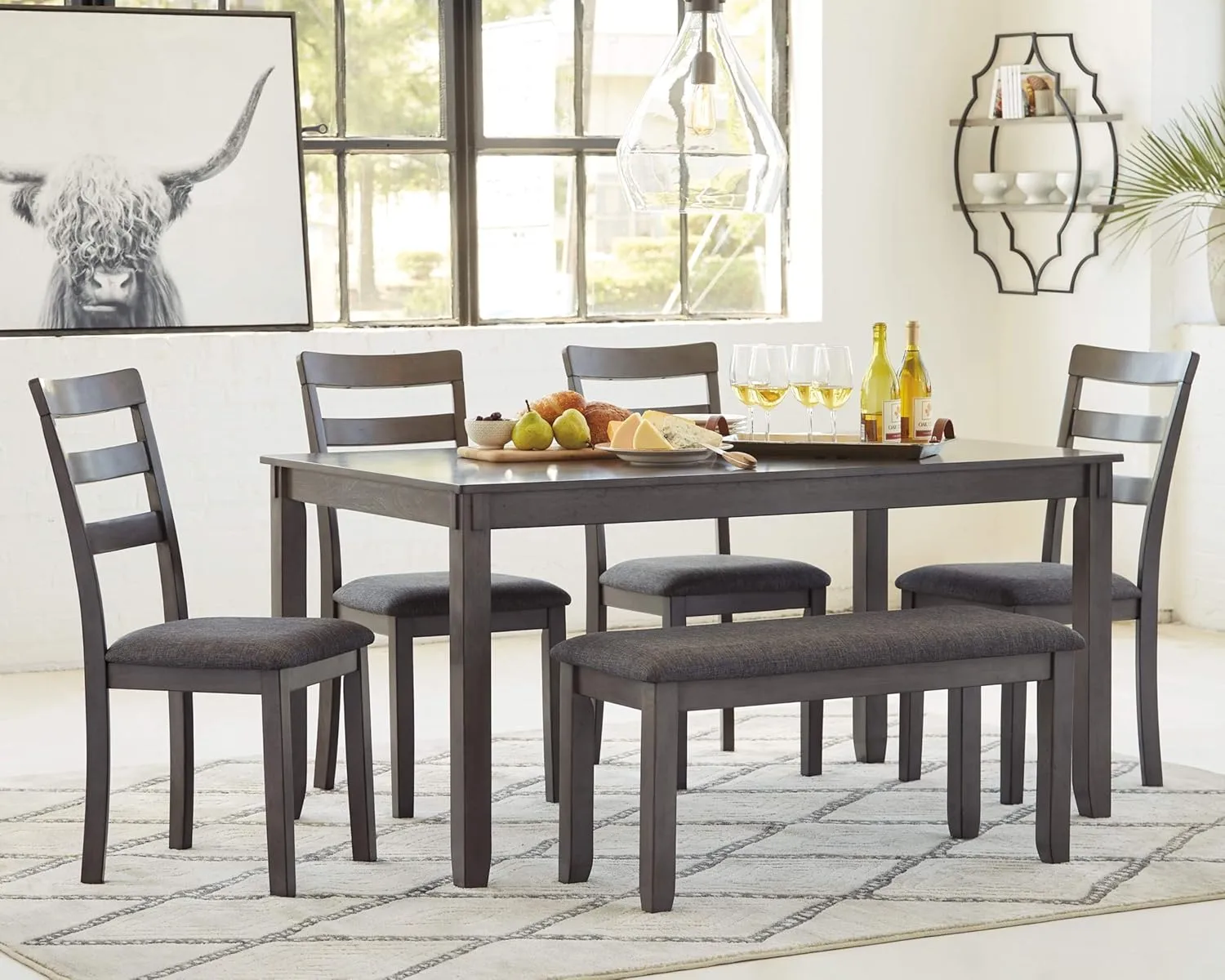 Signature Design by Ashley Bridson Modern 6 Piece Dining Set, Includes Dining Table, 4 Chairs & Bench, Gray