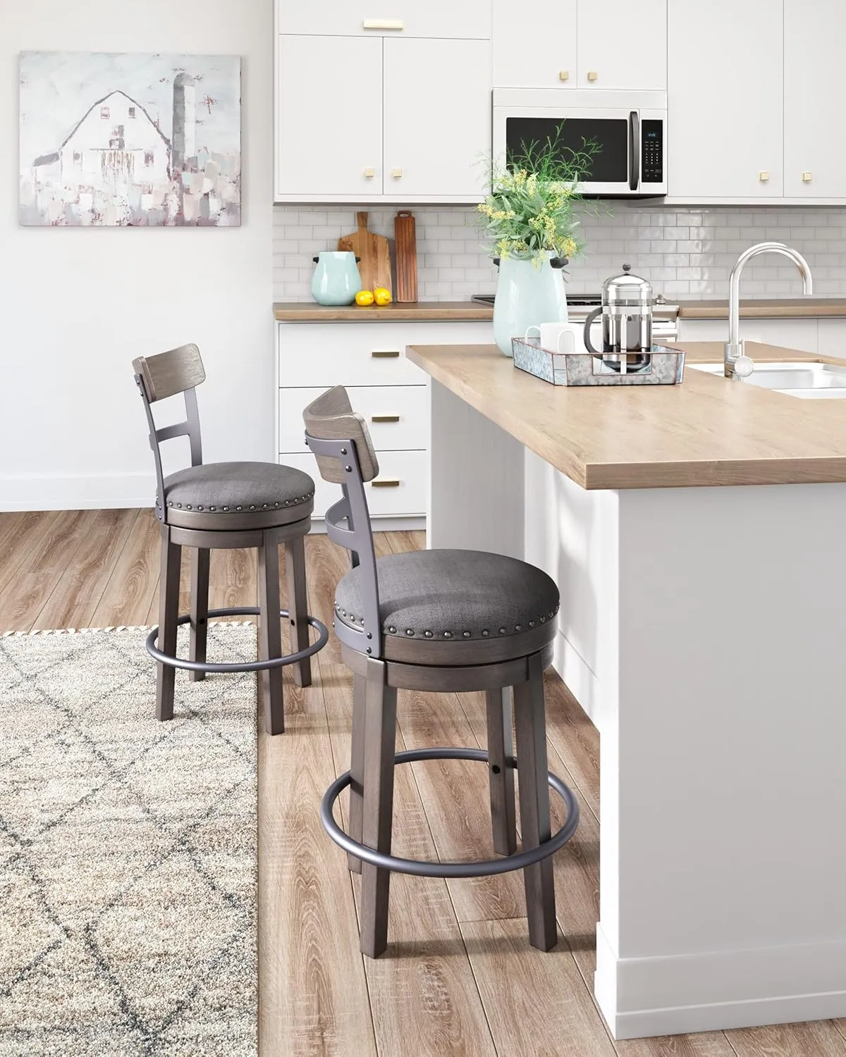 Signature Design by Ashley Caitbrook 24" Farmhouse Counter Height Upholstered Swivel Barstool, Gray