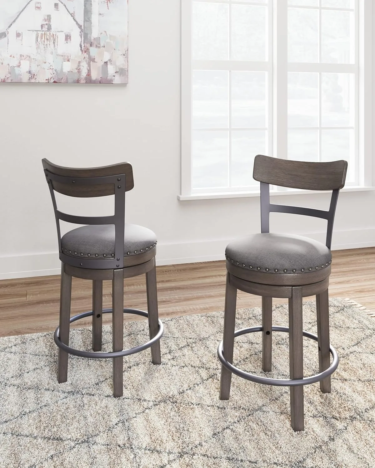 Signature Design by Ashley Caitbrook 24" Farmhouse Counter Height Upholstered Swivel Barstool, Gray