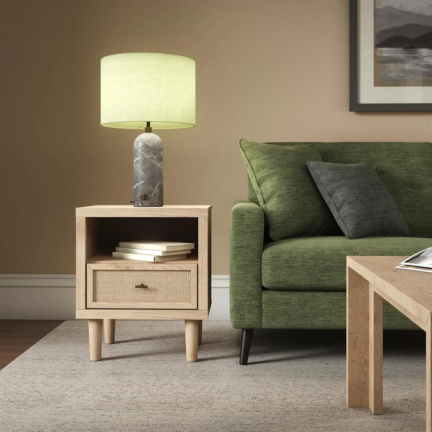 Signature Design by Ashley Cielden Farmhouse 1 Drawer Nightstand with Open Shelf, LED Lights, Wireless Charging and USB Ports, 25" Tall, Light Brown