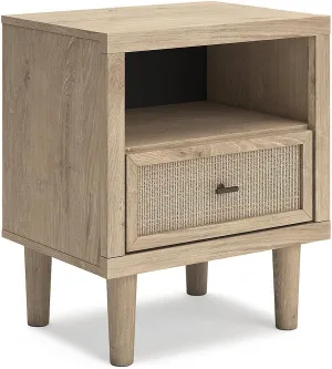 Signature Design by Ashley Cielden Farmhouse 1 Drawer Nightstand with Open Shelf, LED Lights, Wireless Charging and USB Ports, 25" Tall, Light Brown