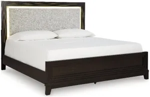 Signature Design by Ashley Neymorton Contemporary Stain Resistant Upholstered Panel Headboard with LED Lighting and USB Ports, King/California King, Light Gray & Dark Brown