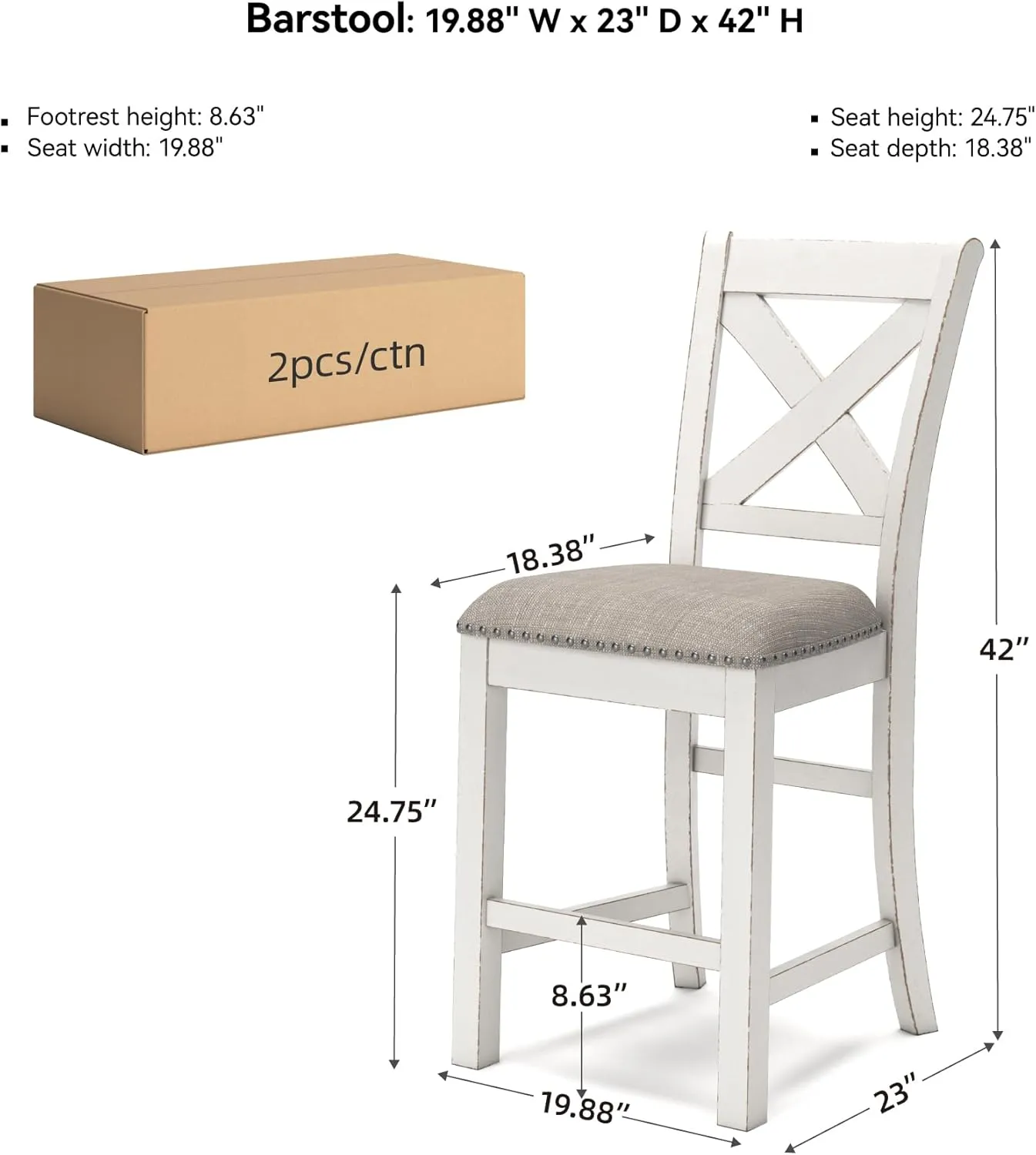 Signature Design by Ashley Robbinsdale Farmhouse Armless 24.75" Counter Height Upholstered Bar Stool with Foot Rest, Set of 2, White & Light Gray