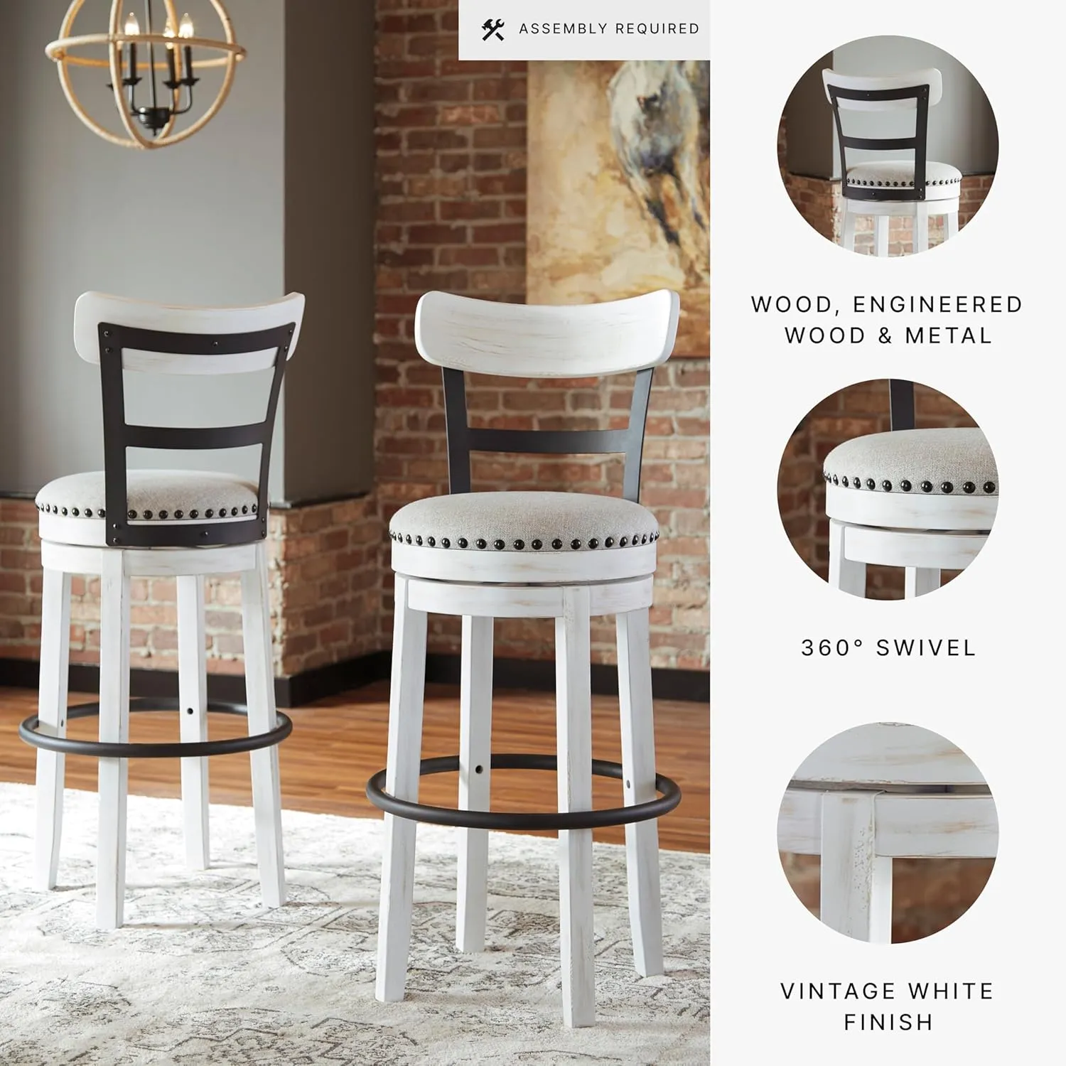 Signature Design by Ashley Valebeck 30" Modern Swivel Pub Height Barstool, Whitewash