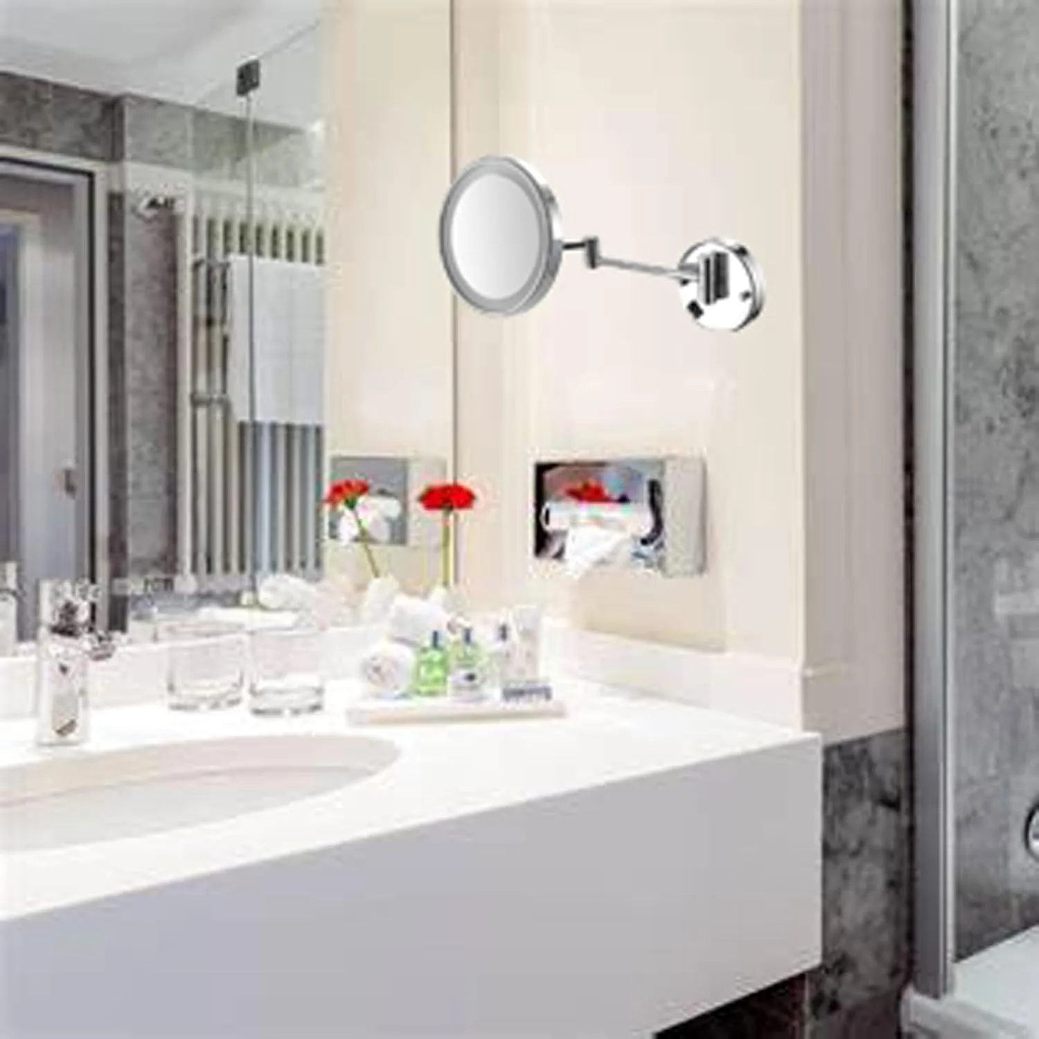 Single-sided Bathroom Magnifying Mirror, Touch-sensitive Dimming Makeup Mirror, Lighted Cosmetic Mirror, Wall-mounted Vanity Mirror, 360-degree Rotating Shaving Mirror