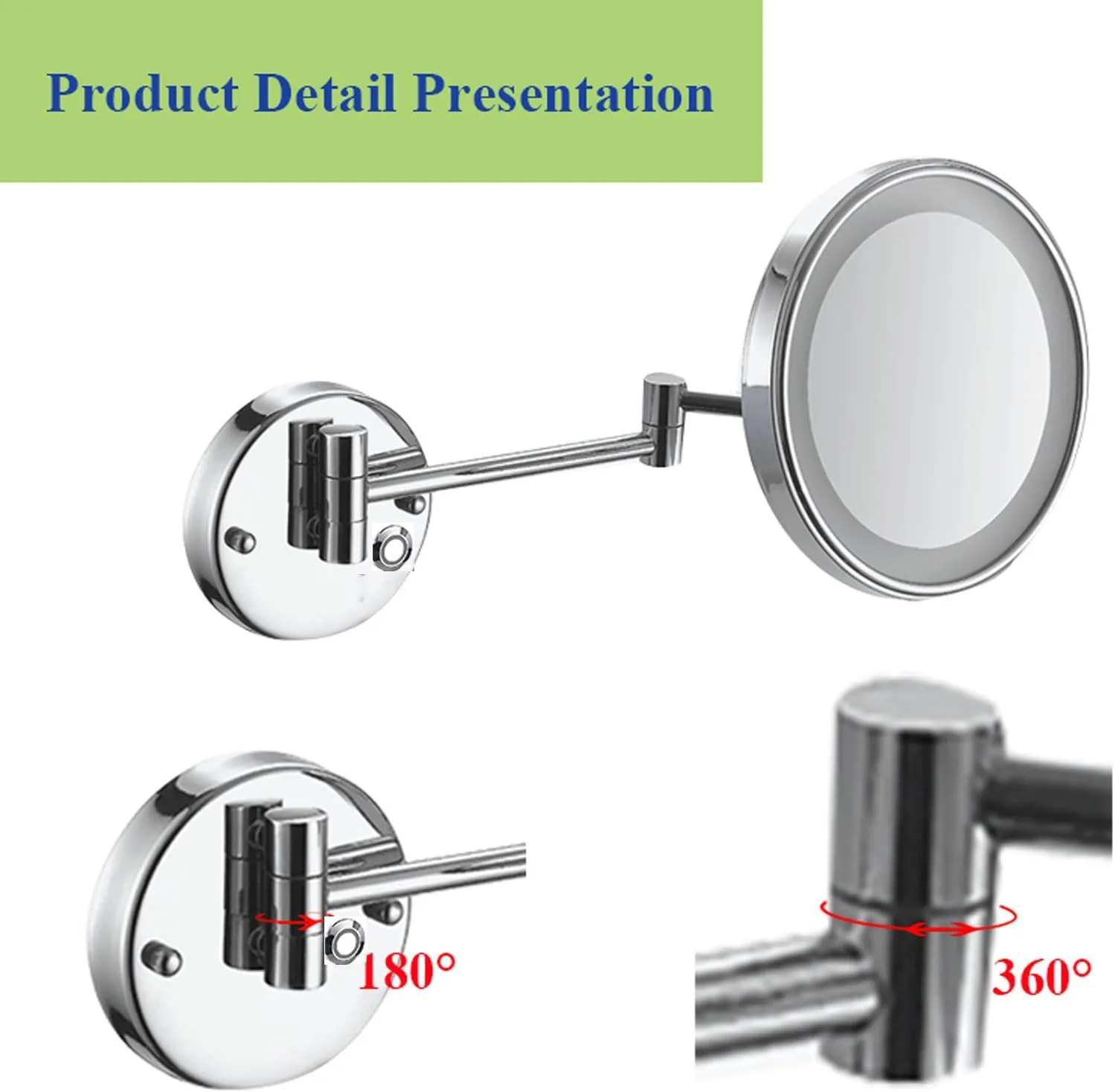 Single-sided Bathroom Magnifying Mirror, Touch-sensitive Dimming Makeup Mirror, Lighted Cosmetic Mirror, Wall-mounted Vanity Mirror, 360-degree Rotating Shaving Mirror