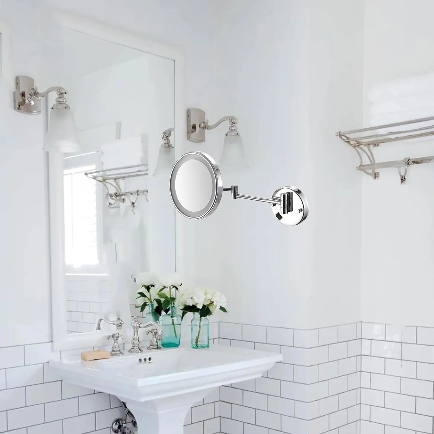 Single-sided Bathroom Magnifying Mirror, Touch-sensitive Dimming Makeup Mirror, Lighted Cosmetic Mirror, Wall-mounted Vanity Mirror, 360-degree Rotating Shaving Mirror