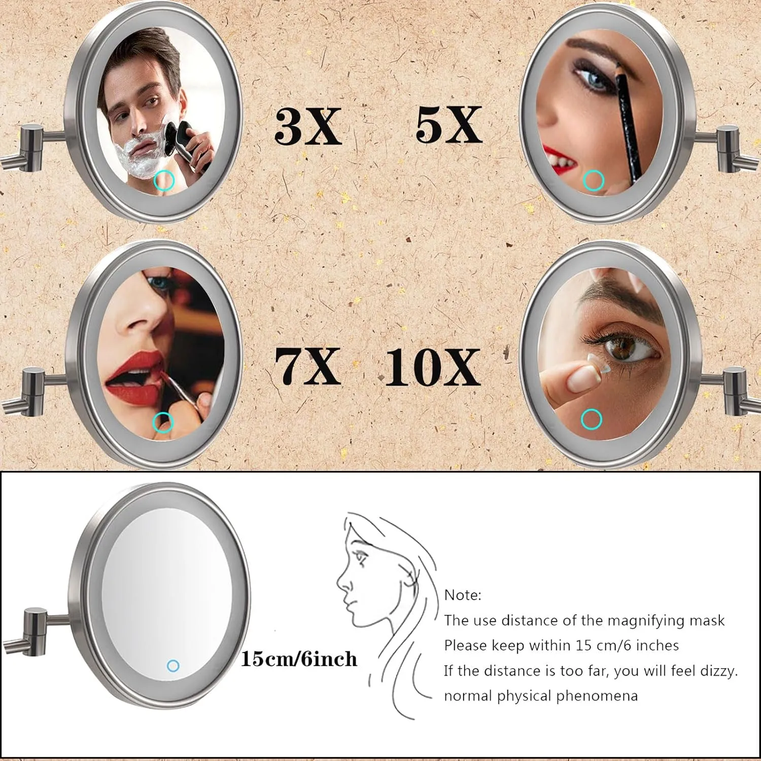 Single-sided Bathroom Magnifying Mirror, Touch-sensitive Dimming Makeup Mirror, Lighted Cosmetic Mirror, Wall-mounted Vanity Mirror, 360-degree Rotating Shaving Mirror