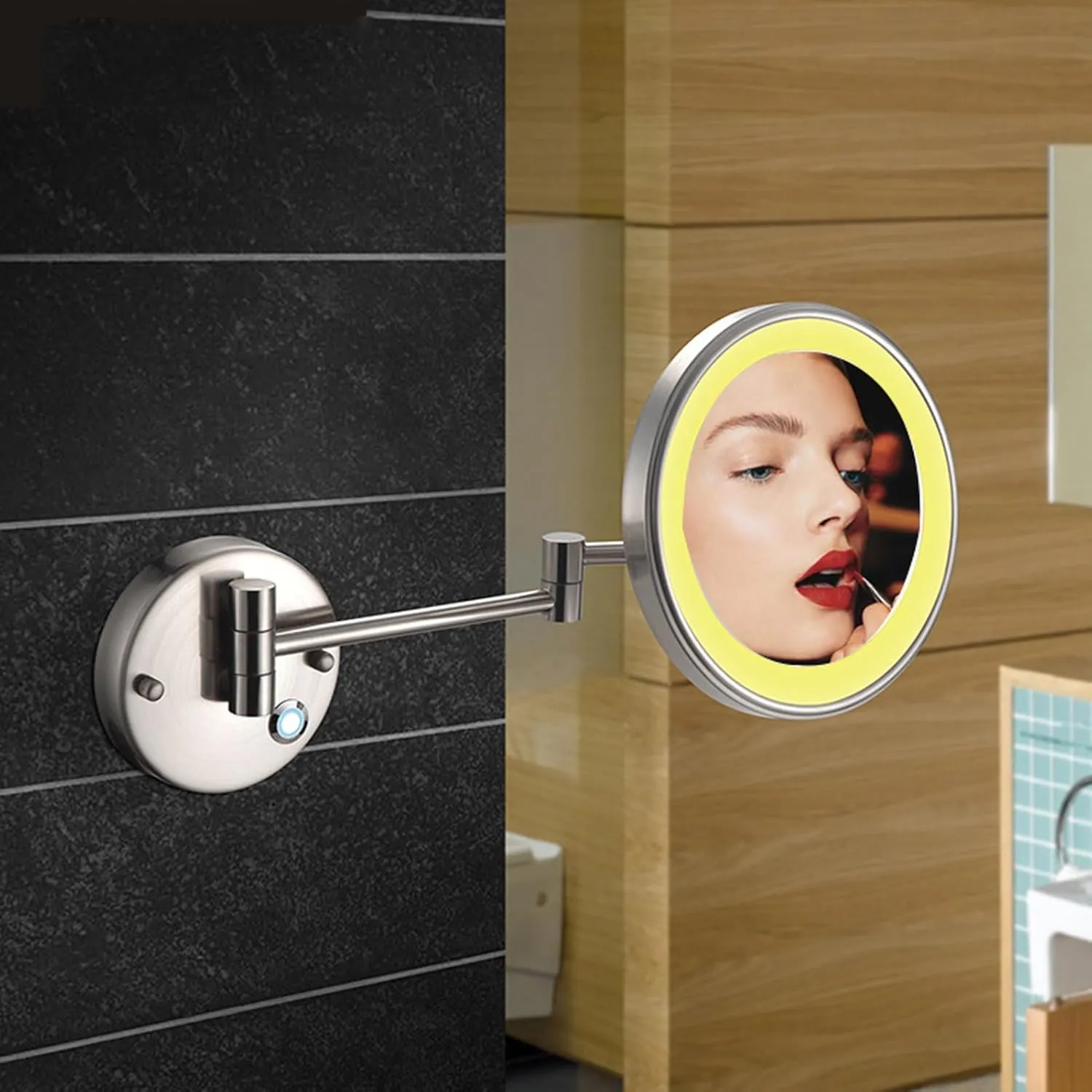 Single-sided Bathroom Magnifying Mirror, Touch-sensitive Dimming Makeup Mirror, Lighted Cosmetic Mirror, Wall-mounted Vanity Mirror, 360-degree Rotating Shaving Mirror