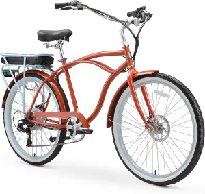 sixthreezero Around The Block Men's Electric Bicycle, 7-Speed Beach Cruiser eBike with Rear Rack, 500/250 Watt Motor, 26 Inch Wheels, Multiple Colors