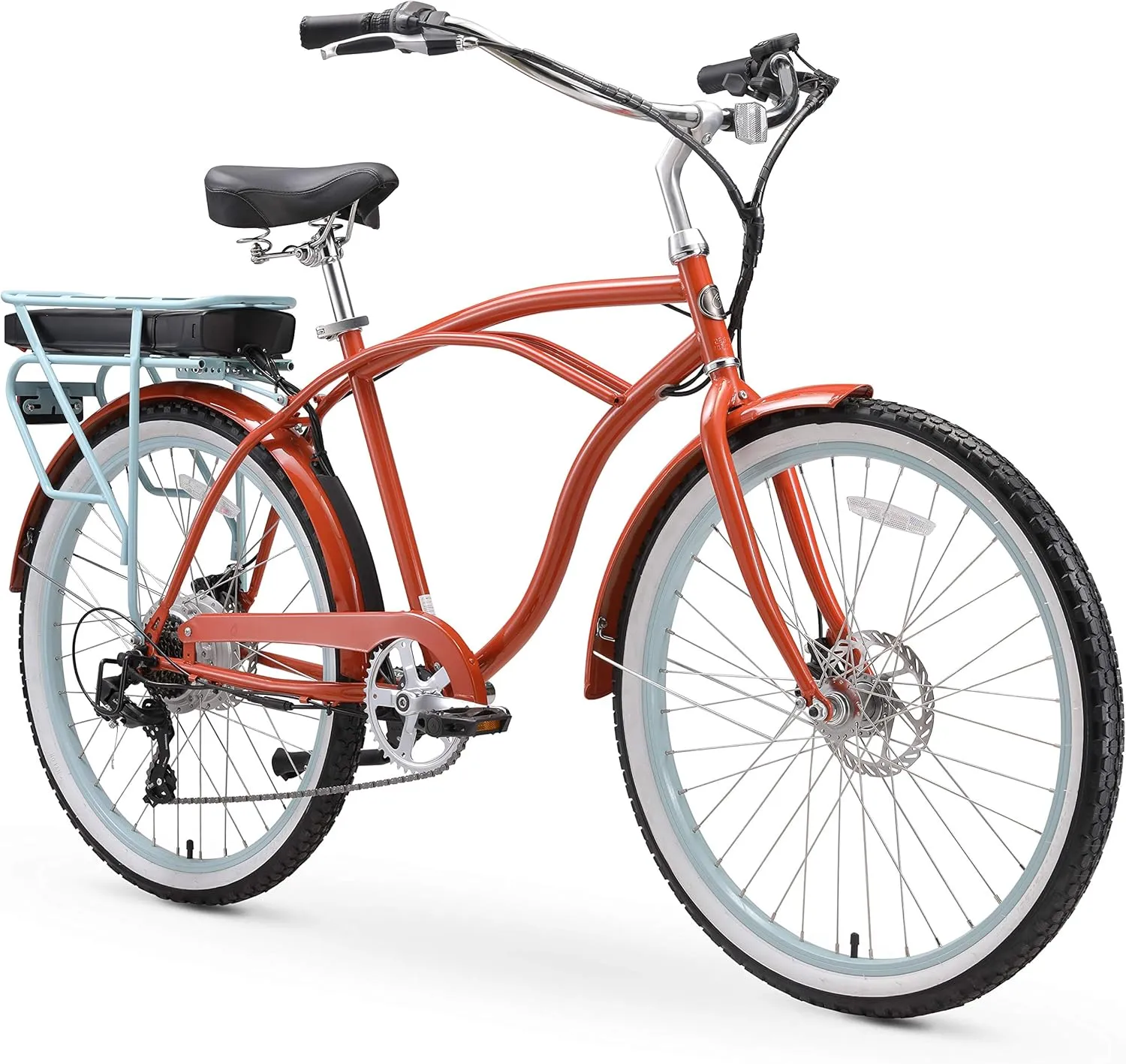sixthreezero Around The Block Men's Electric Bicycle, 7-Speed Beach Cruiser eBike with Rear Rack, 500/250 Watt Motor, 26 Inch Wheels, Multiple Colors