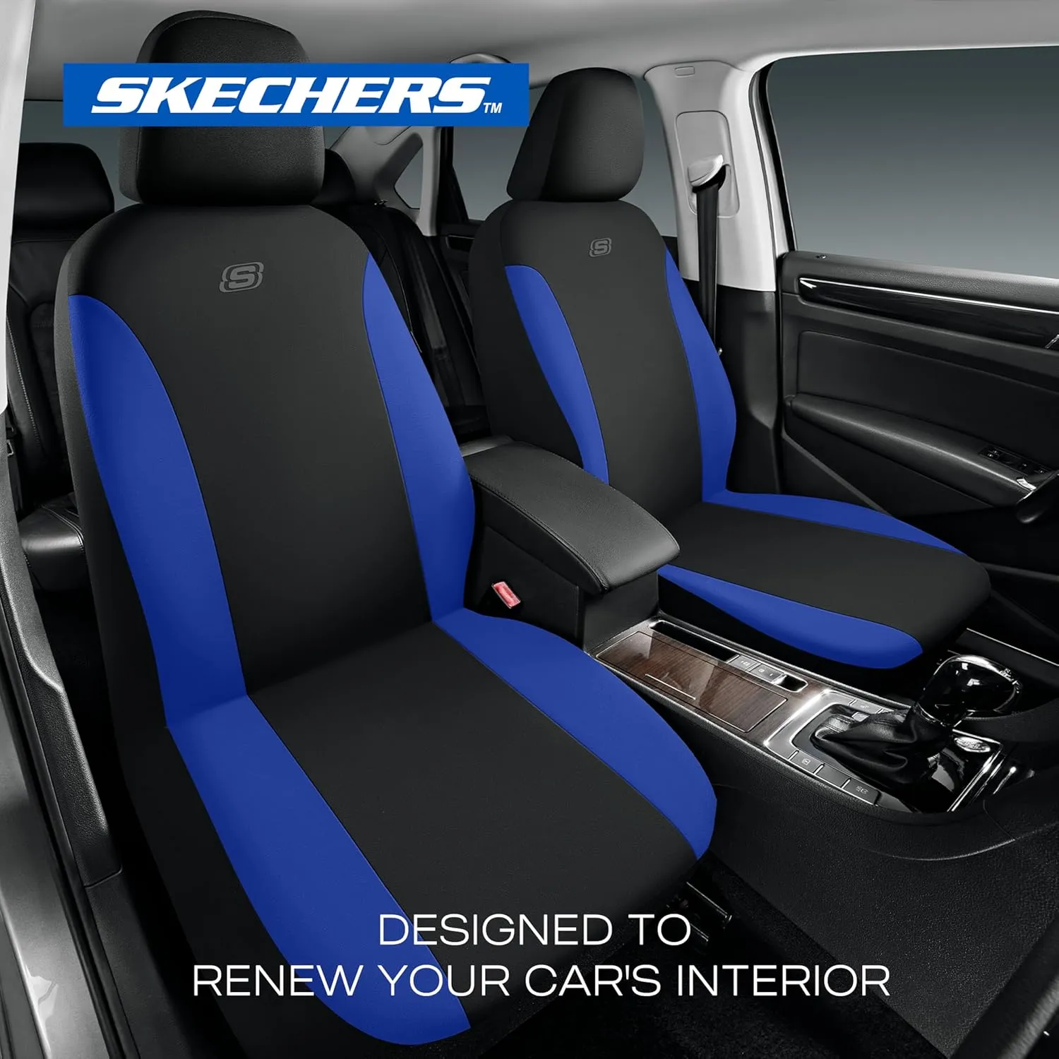 Skechers Car Seat Covers, Premium Breathable Polyester Seat Covers, Car Seat Covers Full Set Airbag Compatible, Automotive Comfort & Protection for Most Cars, Vans, Trucks, SUVs (Full Set,Blue)