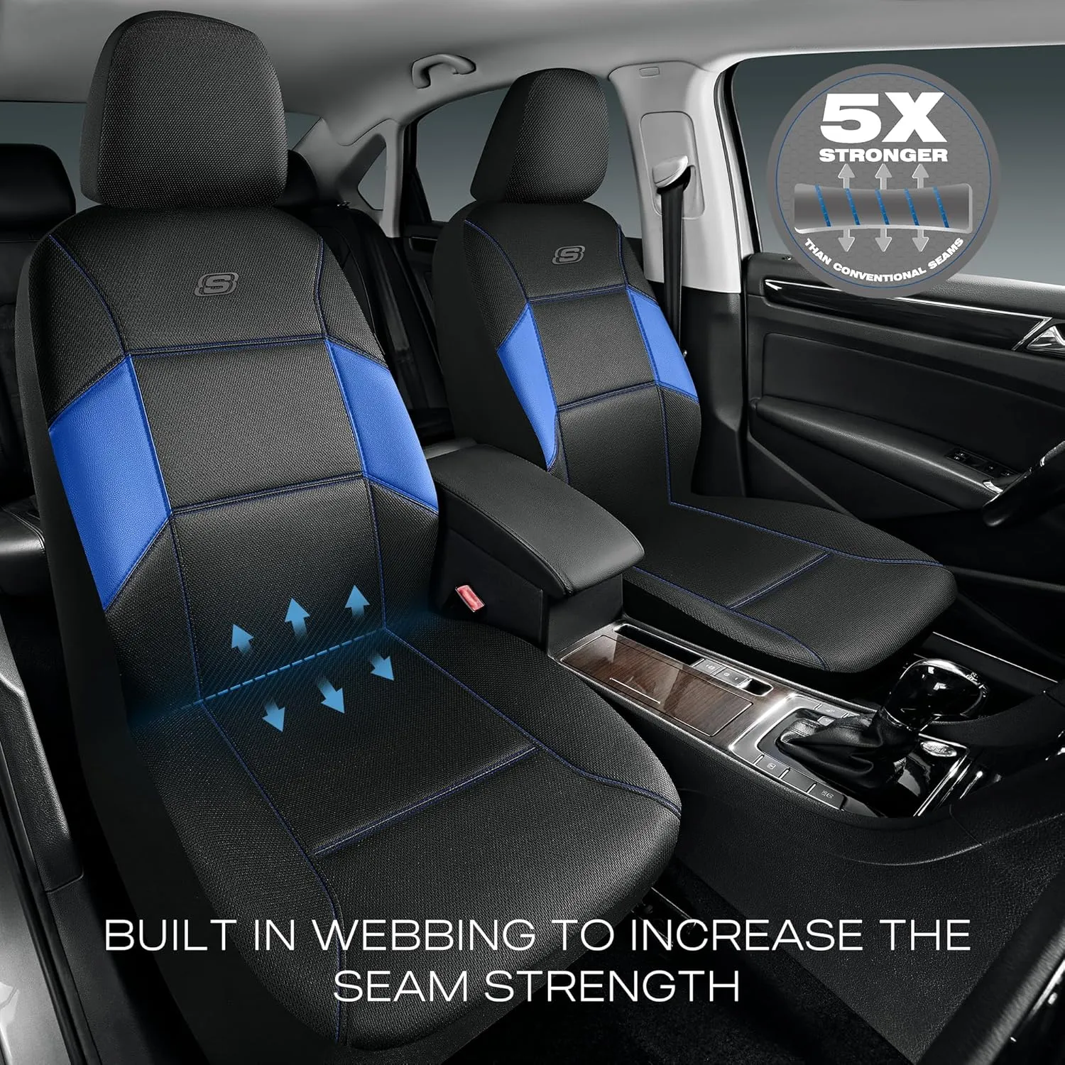 Skechers Work Car Seat Covers, 5-Times Stronger Built-in Webbing Seat Cover Full Set, Mesh Fabric Seat Cover for Car, Airbag Compatible, Automotive Comfort for Most Cars, Trucks, SUVs (Blue,Full Set)
