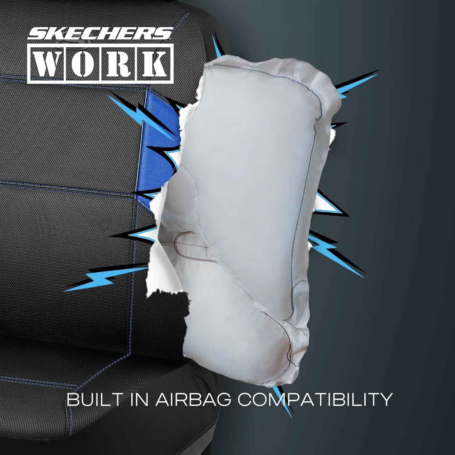 Skechers Work Car Seat Covers, 5-Times Stronger Built-in Webbing Seat Cover Full Set, Mesh Fabric Seat Cover for Car, Airbag Compatible, Automotive Comfort for Most Cars, Trucks, SUVs (Blue,Full Set)