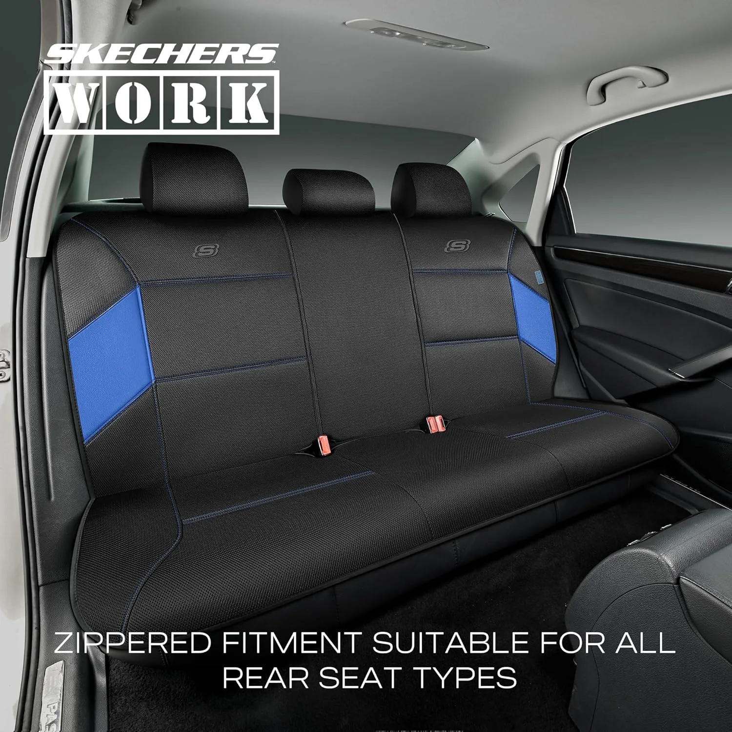 Skechers Work Car Seat Covers, 5-Times Stronger Built-in Webbing Seat Cover Full Set, Mesh Fabric Seat Cover for Car, Airbag Compatible, Automotive Comfort for Most Cars, Trucks, SUVs (Blue,Full Set)