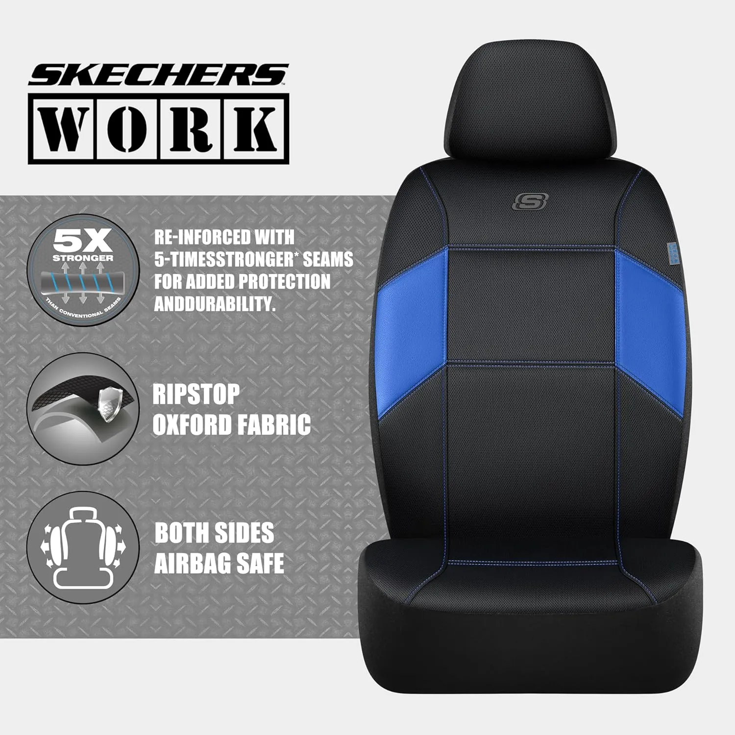 Skechers Work Car Seat Covers, 5-Times Stronger Built-in Webbing Seat Cover Full Set, Mesh Fabric Seat Cover for Car, Airbag Compatible, Automotive Comfort for Most Cars, Trucks, SUVs (Blue,Full Set)