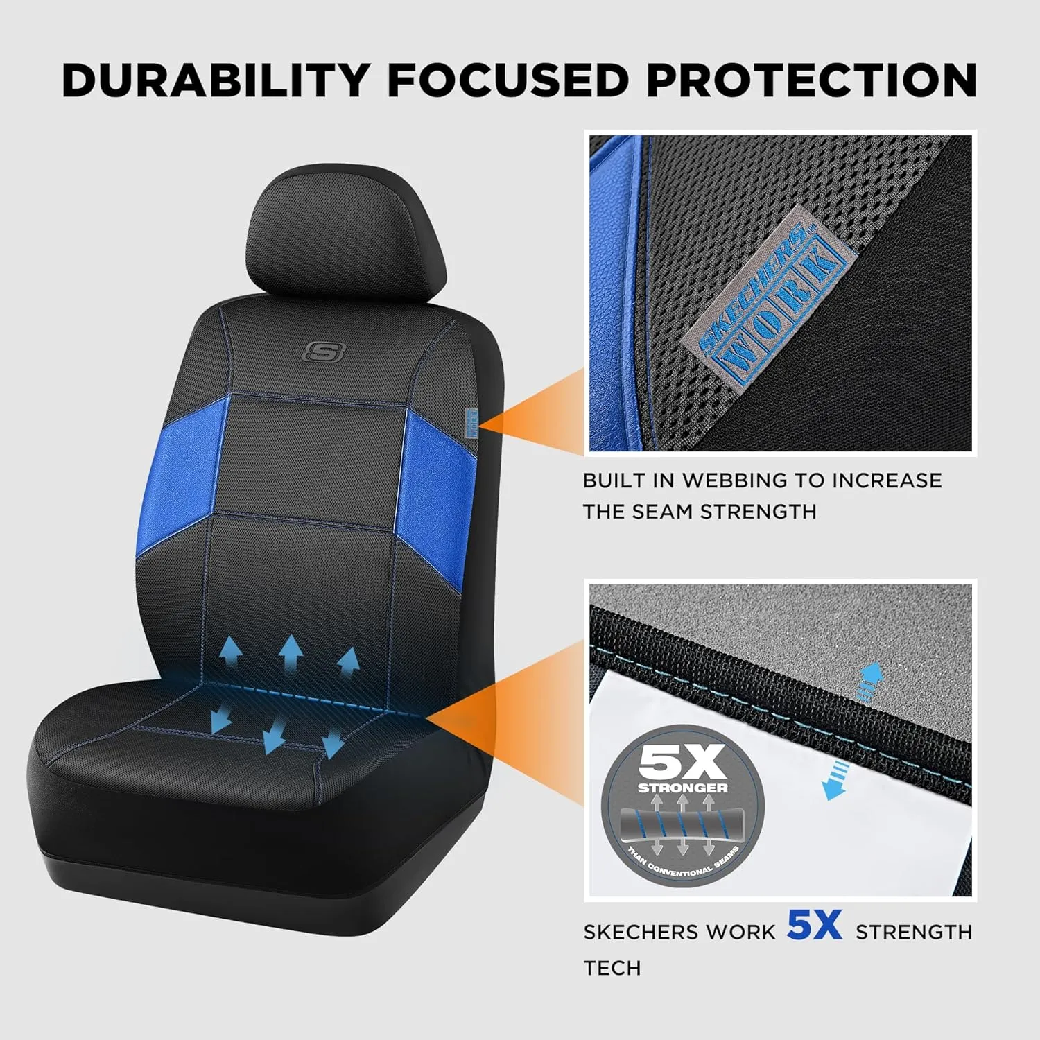 Skechers Work Car Seat Covers, Leather Seat Covers, 5-Times Stronger Built-in Webbing, Mesh Fabric Seat Cover for Cars, Airbag Compatible, Automotive Comfort for Cars, Trucks, SUVs (Blue,Two Front)