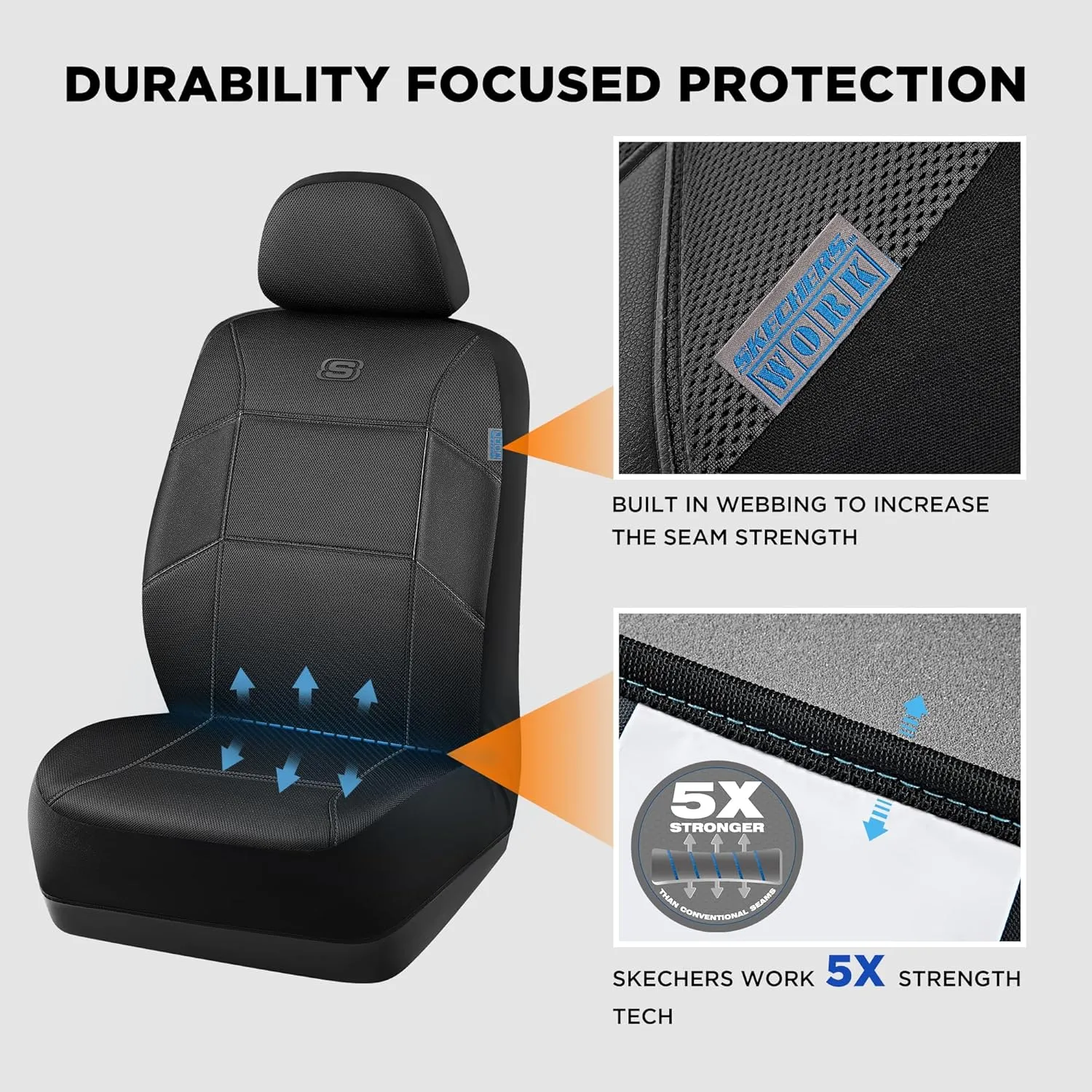 Skechers Work Car Seat Covers, Leather Seat Covers, 5-Times Stronger Built-in Webbing, Mesh Fabric Seat Cover for Cars, Airbag Compatible, Automotive Comfort for Cars, Trucks, SUVs(Black,Two Front)