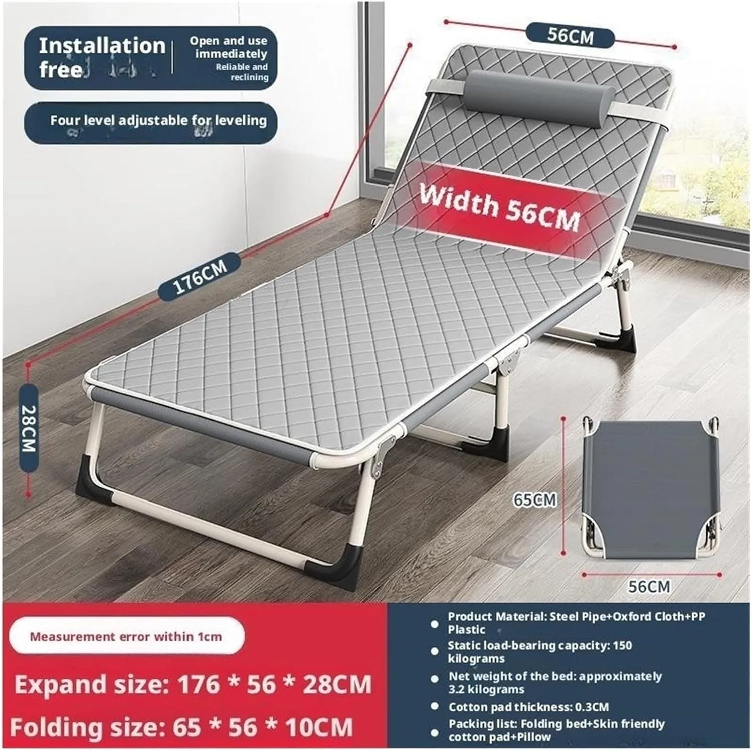 Sleeping Cots for Adults with Mattress and Pillow, Queen Folding Bed, Ergonomic Design, 4-Level Backrest Adjustment, Washable Design, no Installation Required(Style2-56x176)