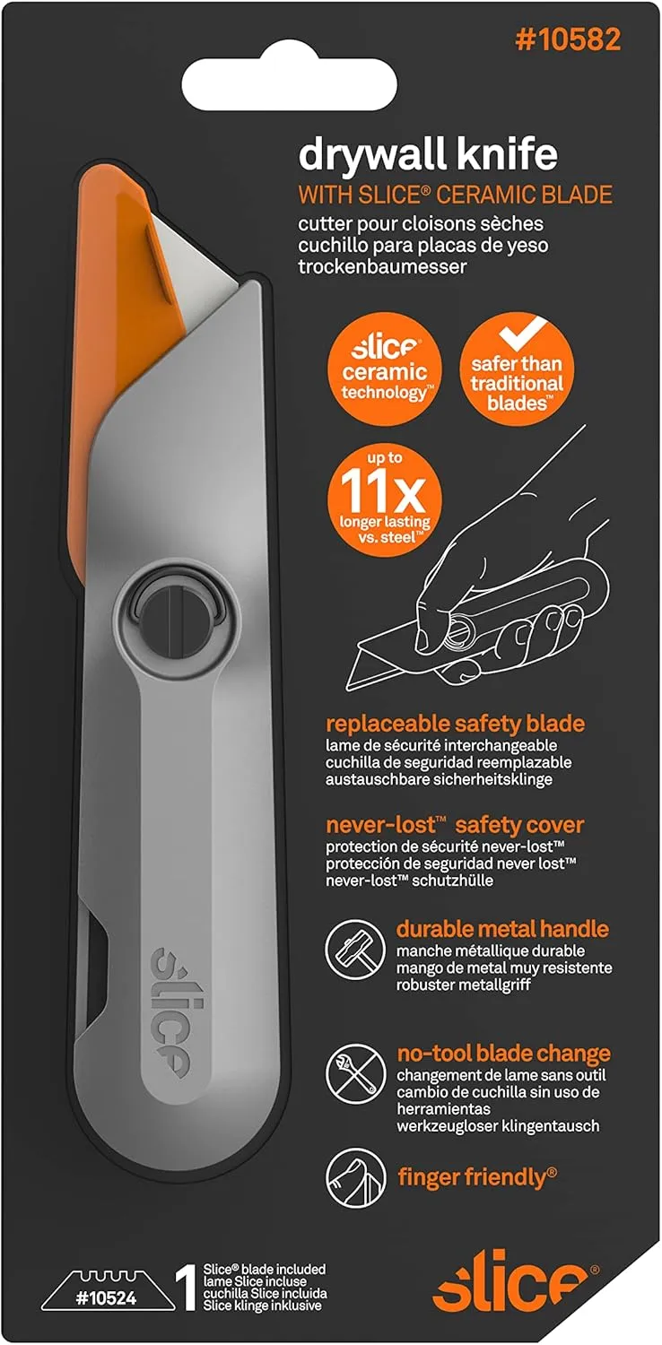 Slice 10582, Drywall Knife, Ergonomic Aluminum Handle for Easier Cuts, Attached Safety Cap, Finger Friendly Ceramic Blades, Lasts 11x As Long as Metal