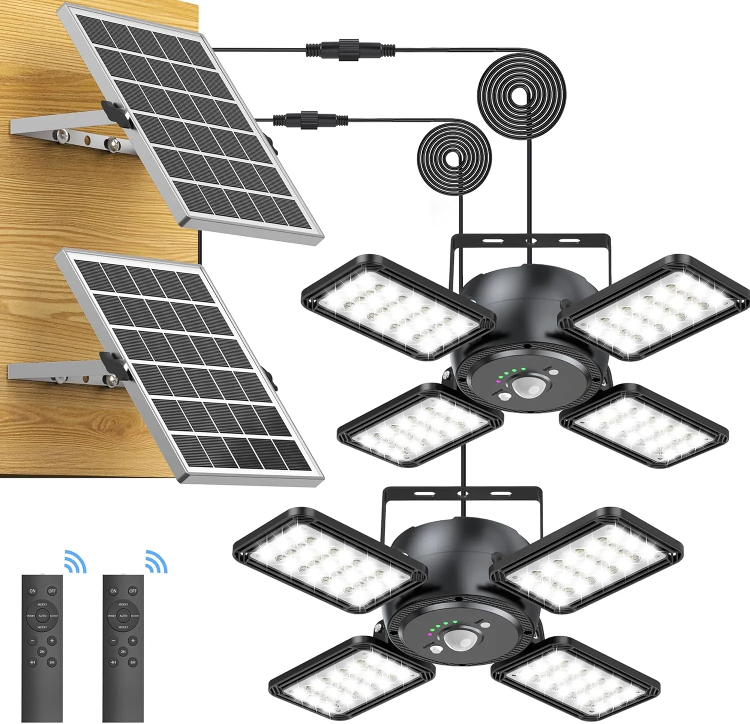 Solar Shed Light Outdoor Indoor Solar Powered Motion Sensor Pendant Light,144LED 1200LM Daytime Work with 5 Modes & Remote Control 4 Heads IP65 Waterproof for Garage Barn Shop 2 Pack